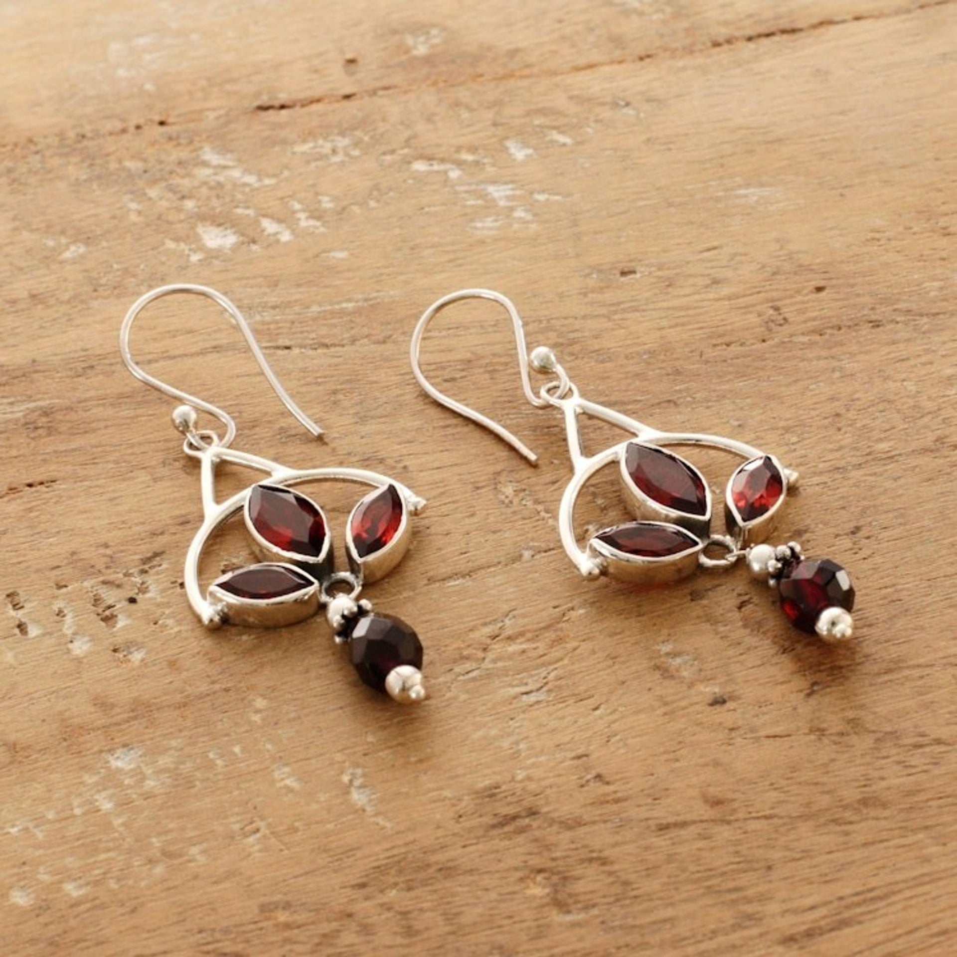 Polished Sterling Silver Dangle Earrings with Garnet Stones 'Enthralling Red'