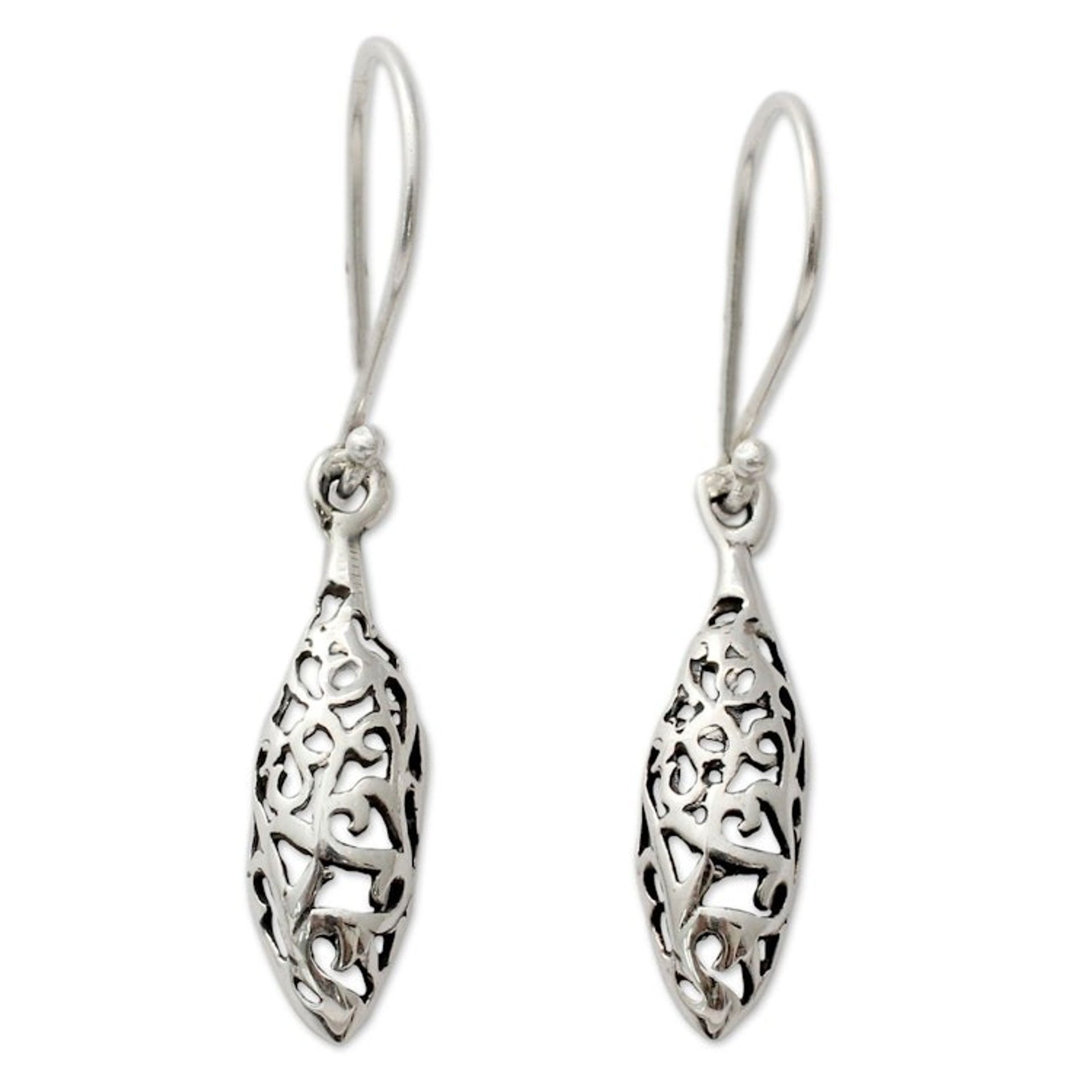 India Jali Handcrafted Sterling Silver Dangle Earrings 'Jali Dewdrop'