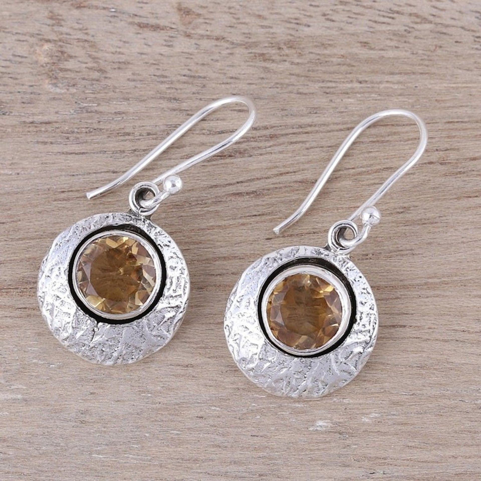 Sterling Silver and Yellow Citrine Round Dangle Earrings 'Lemon Orbs'