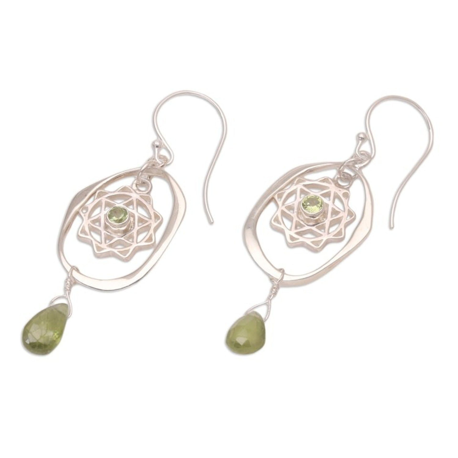 Peridot Dangle Earrings with Chakra Motif 'Heart of Chakra'