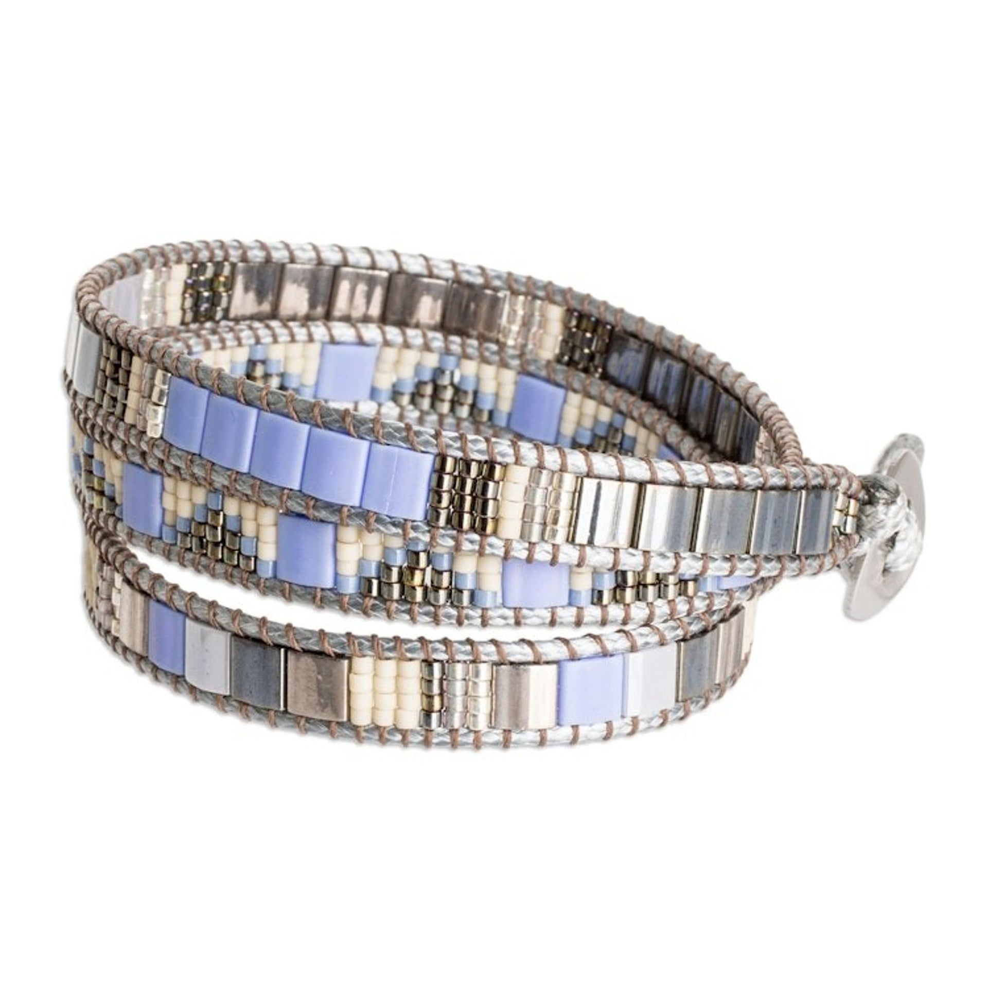 Handcrafted Grey Blue Beige Glass Beaded Wrap Bracelet 'Santa Fe in Grey'