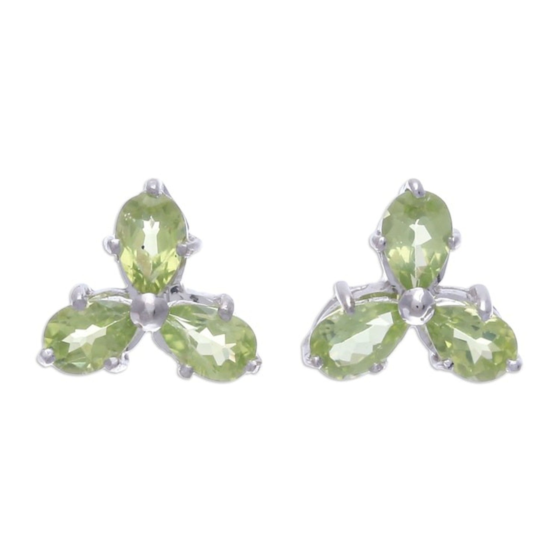 Clover-Themed Button Earrings with Three-Carat Peridot Gems 'Fortune Clover'