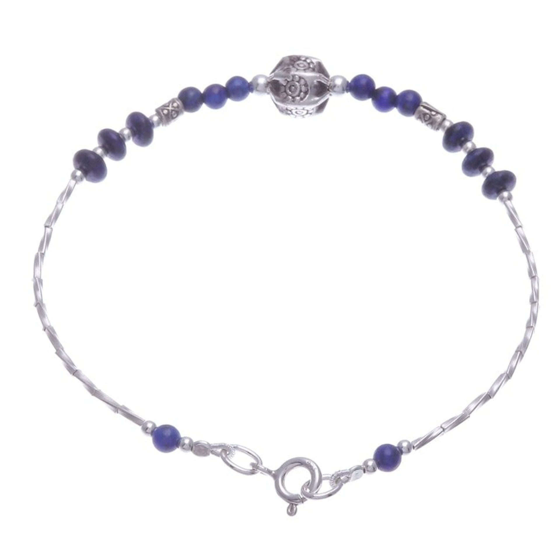 Lapis Lazuli and Silver Beaded Bracelet with Hexagon Pendant 'Blue Hexagon'
