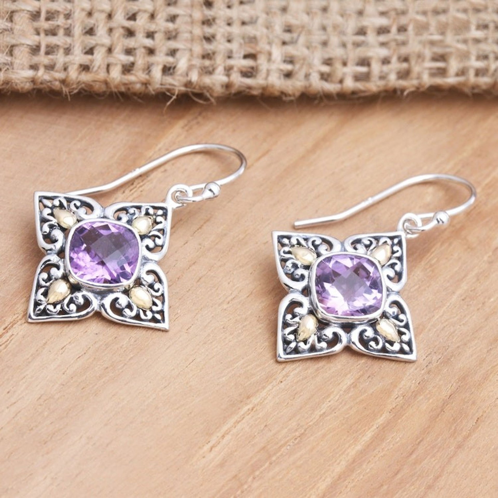 Amethyst and Sterling Silver Dangle Earrings with Gold 'Cardinal Points'