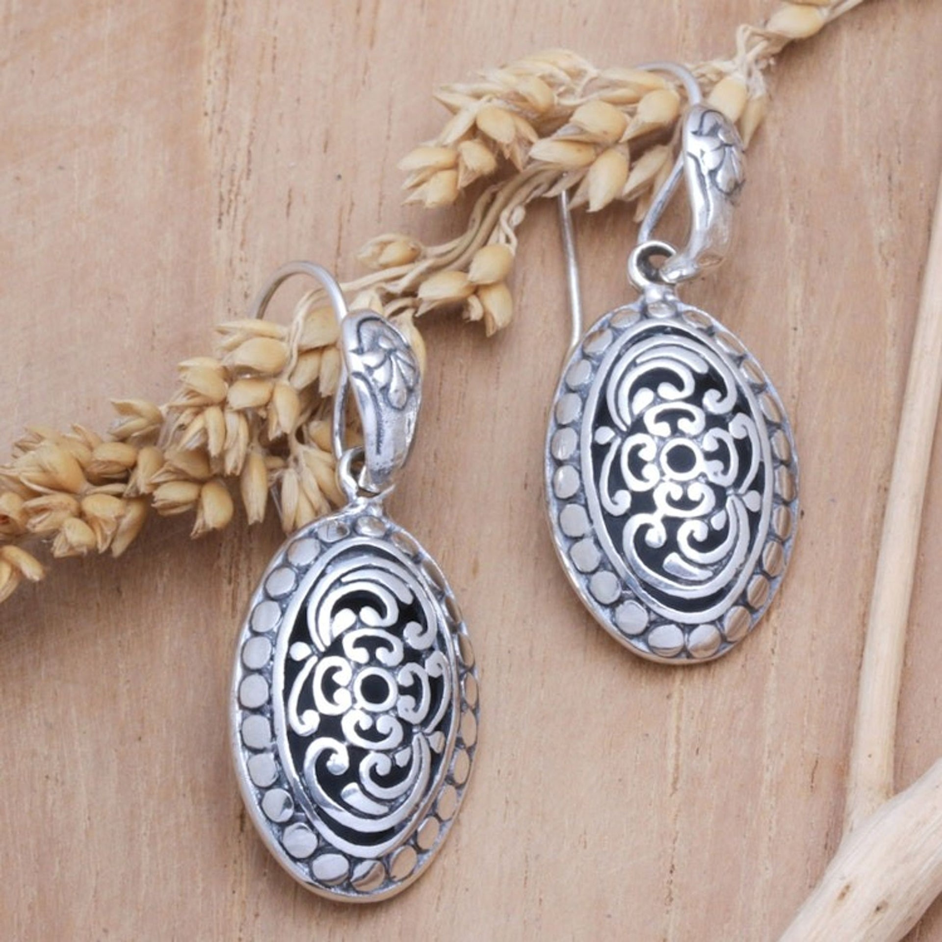 Sterling Silver Oval Dangle Earrings with Floral Motifs 'Blooming Shell'