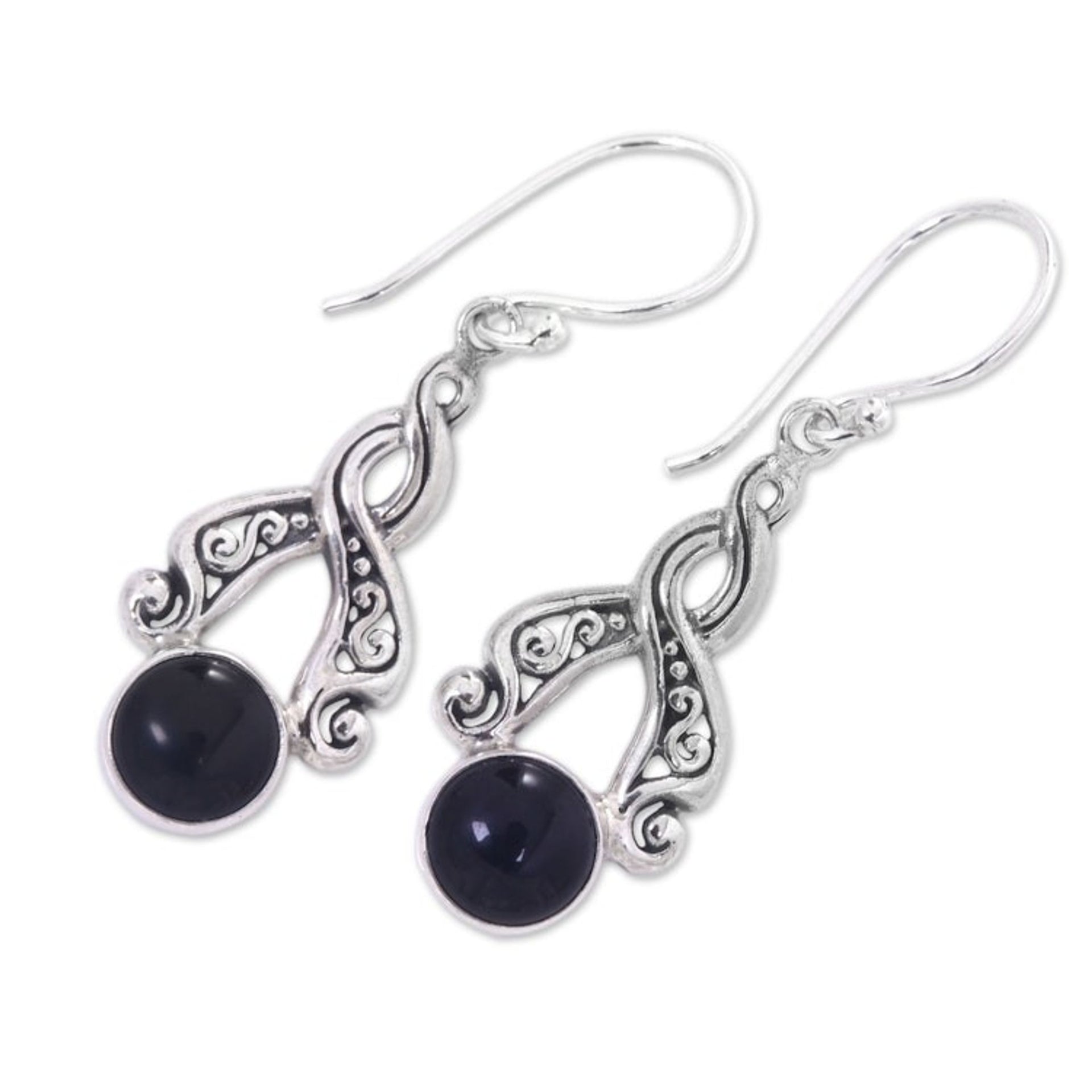 Handcrafted Silver and Onyx Dangle Earrings from Bali 'Midnight Embrace'