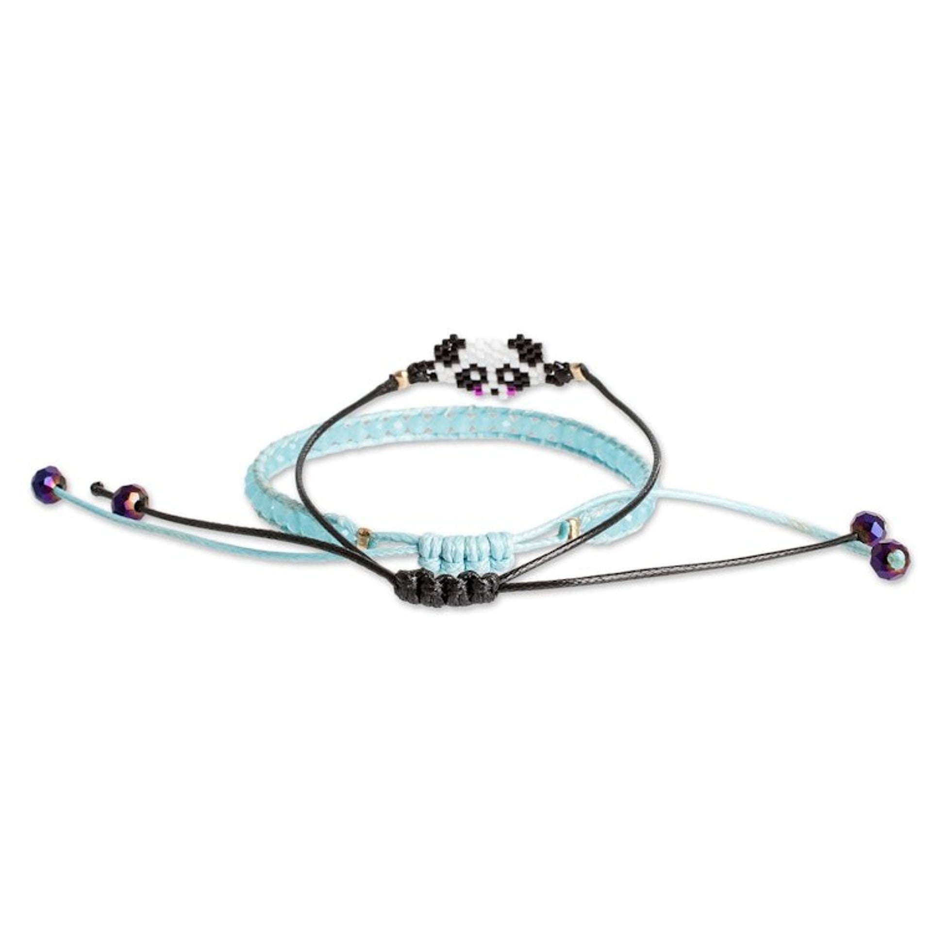 Set of 2 Panda-Themed Blue Glass Beaded Friendship Bracelets 'Panda Bond'