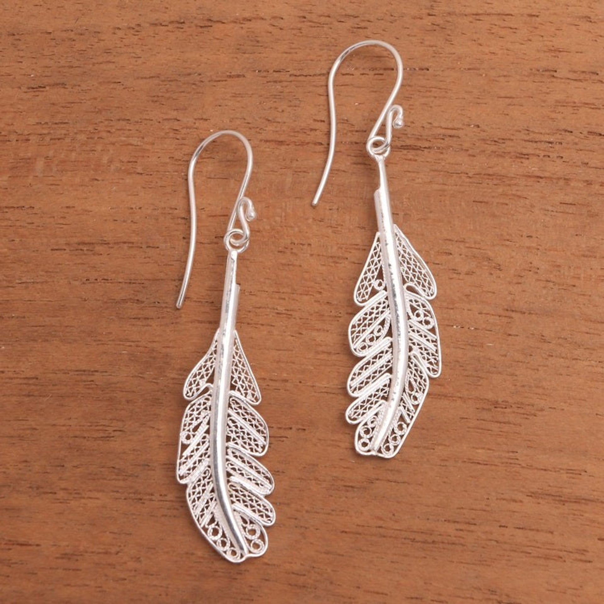 Sterling Silver Filigree Feather Dangle Earrings from Java 'Gleaming Feathers'