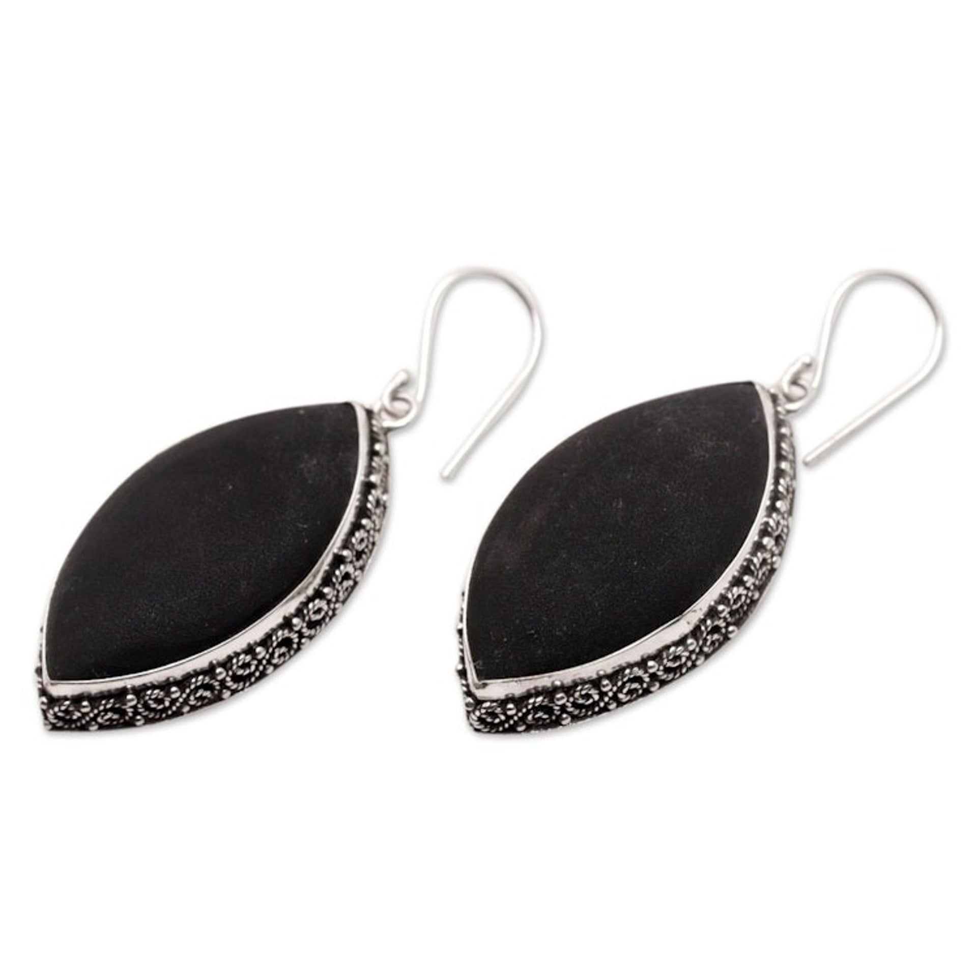 Sterling Silver Dangle Earrings with Lava Stone from Bali 'Night Beauty'