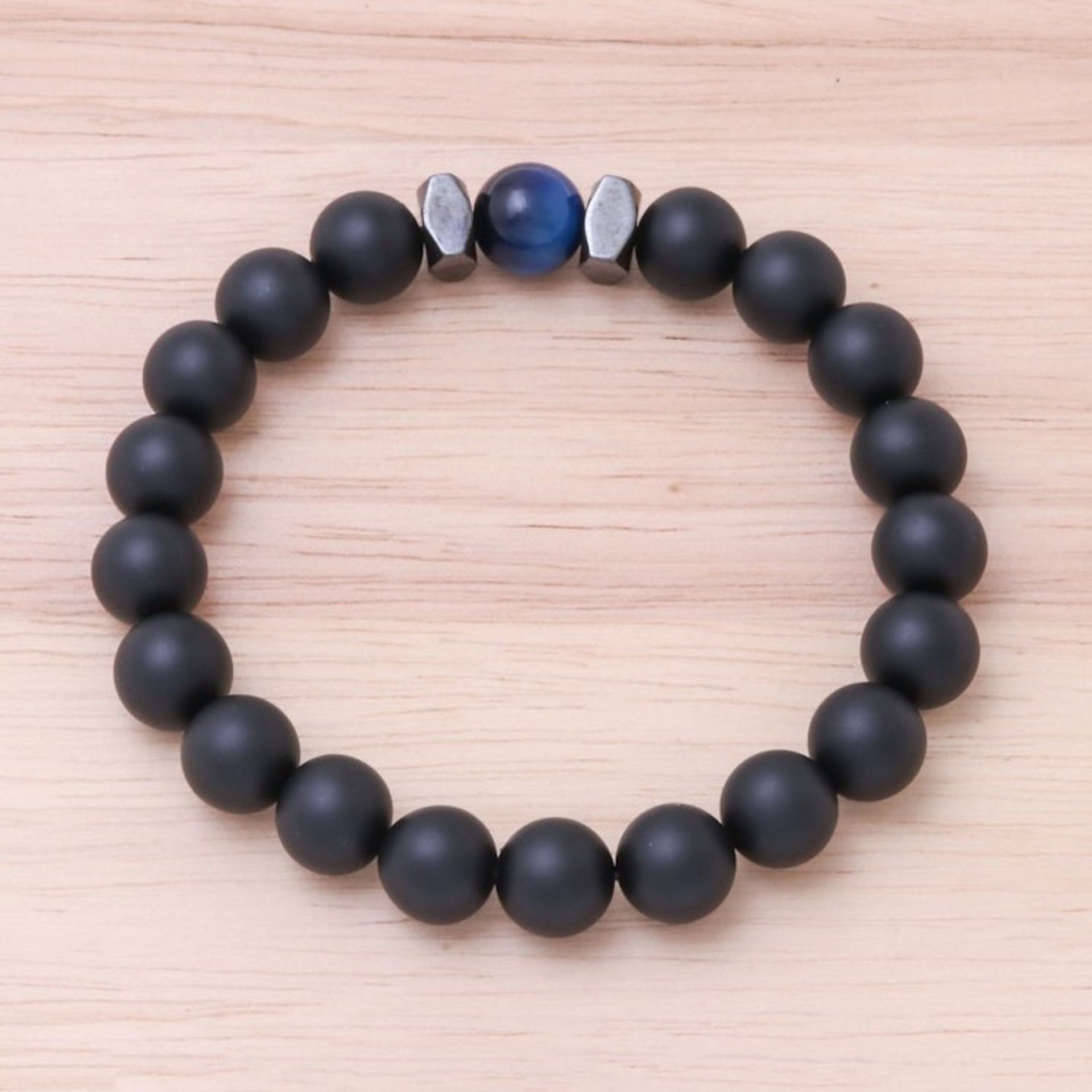 Black Onyx and Blue Tiger's Eye Beaded Stretch Bracelet 'Black Sky'
