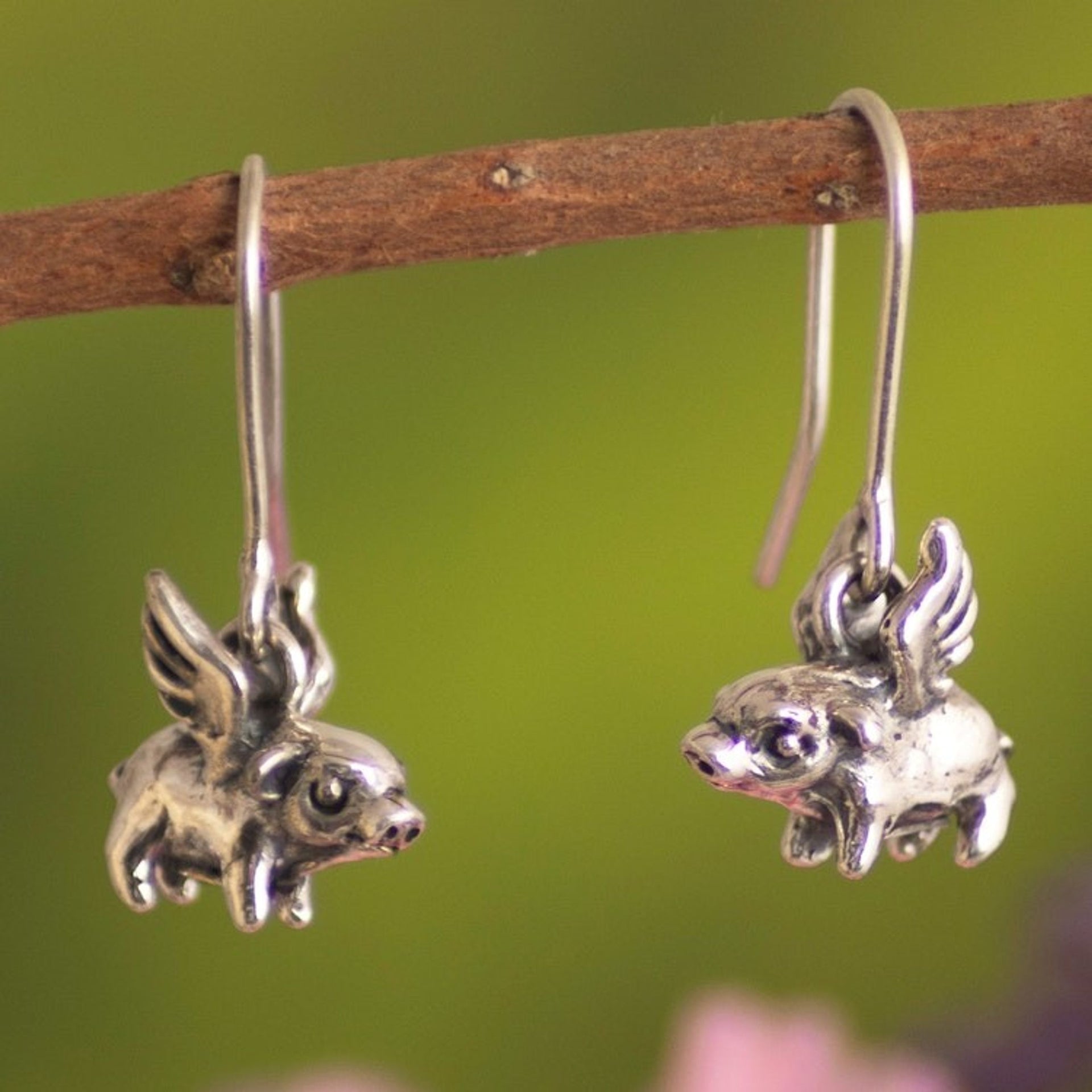 950 Silver Flying Pig Dangle Earrings from Cusco Peru 'Flying Wilburs'