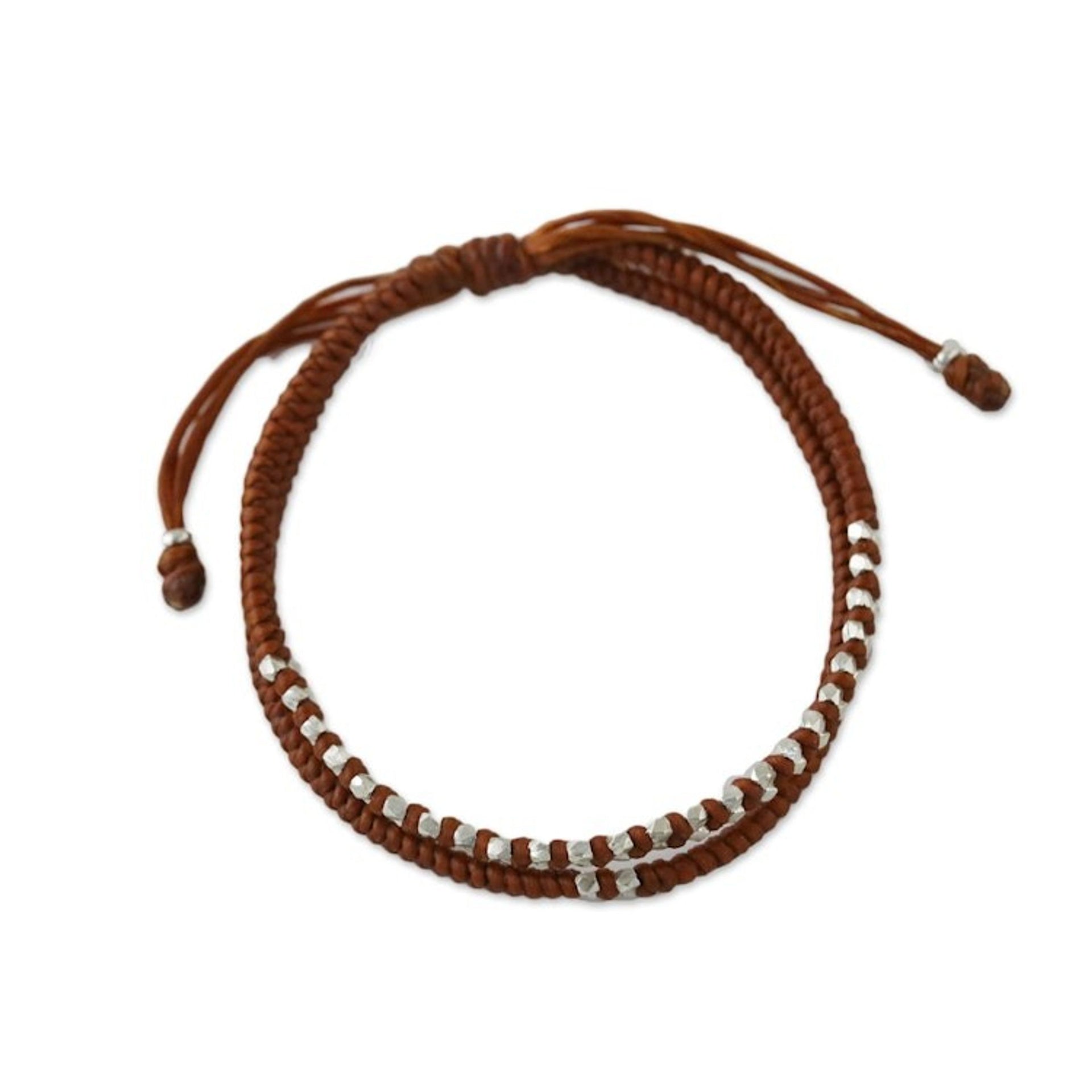 Burnt Sienna Cord Bracelet with Silver Beads 'Everyday Thai in Burnt Sienna'