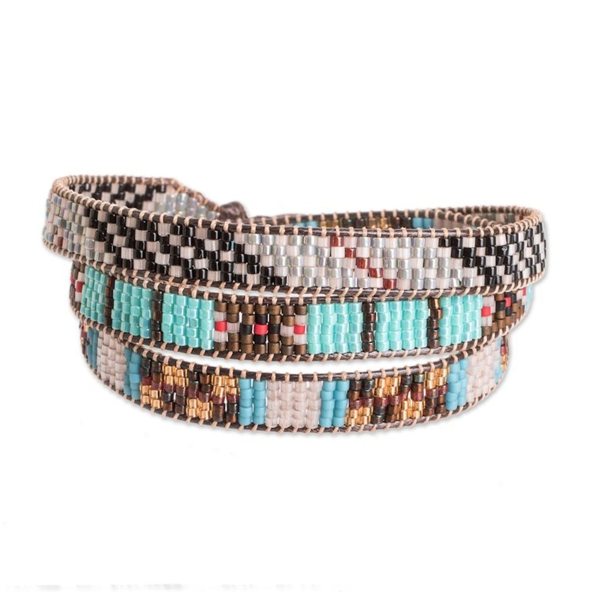 Handcrafted Glass Beaded Wrap Bracelet with Geometric Design 'Geometric Revolution'