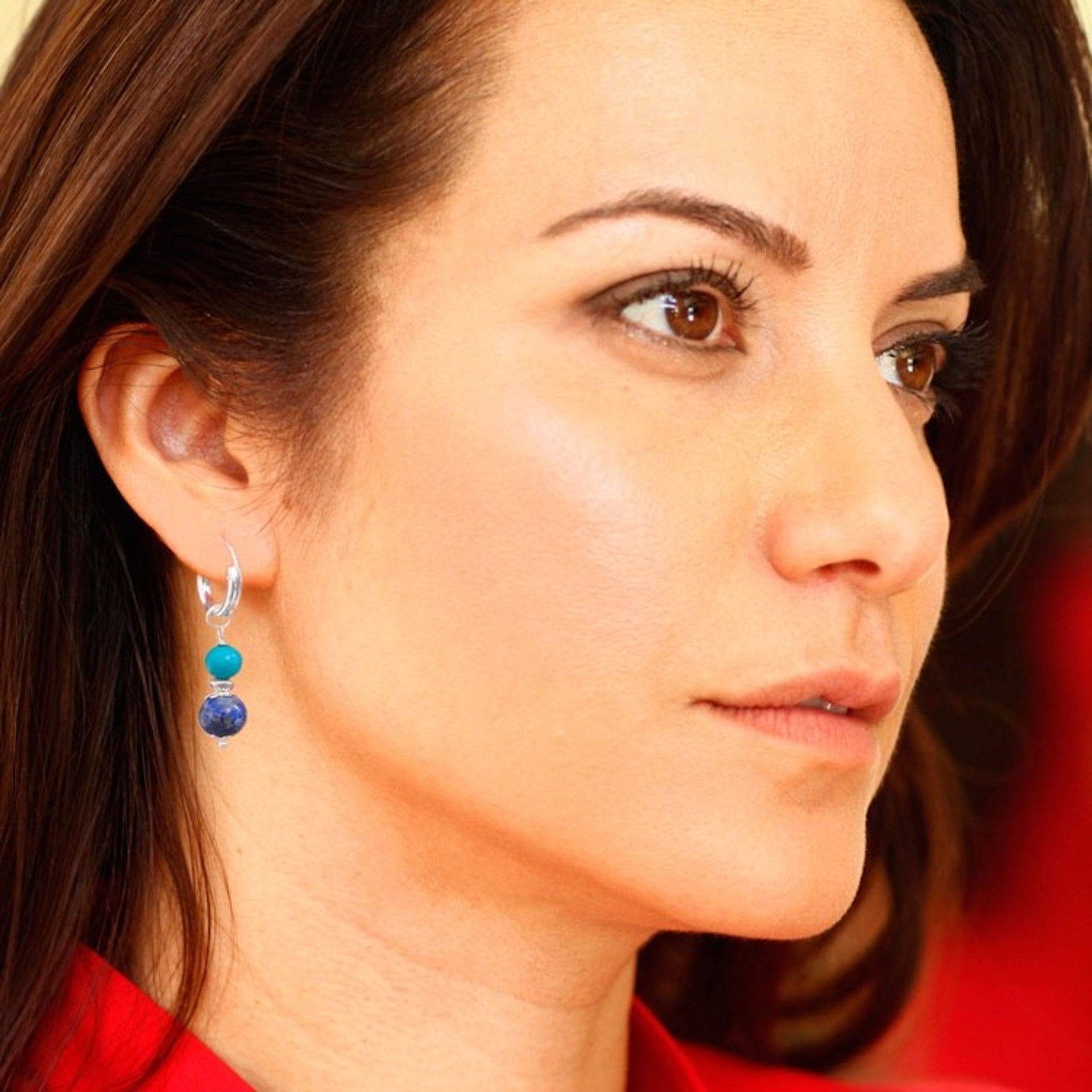 Silver Lapis Lazuli Reconstituted Turquoise Hoop Earrings 'Fab Duo'