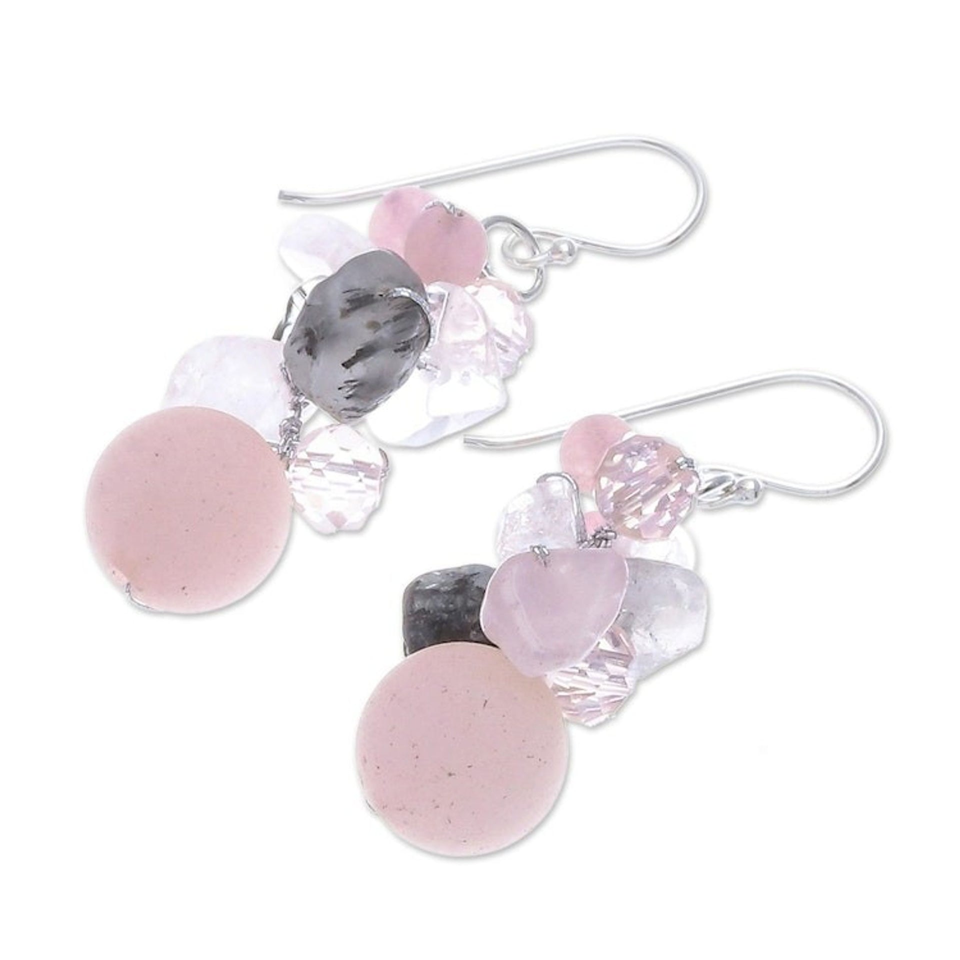 Handcrafted Rose Quartz and Glass Bead Dangle Earrings 'Frozen Flowers'