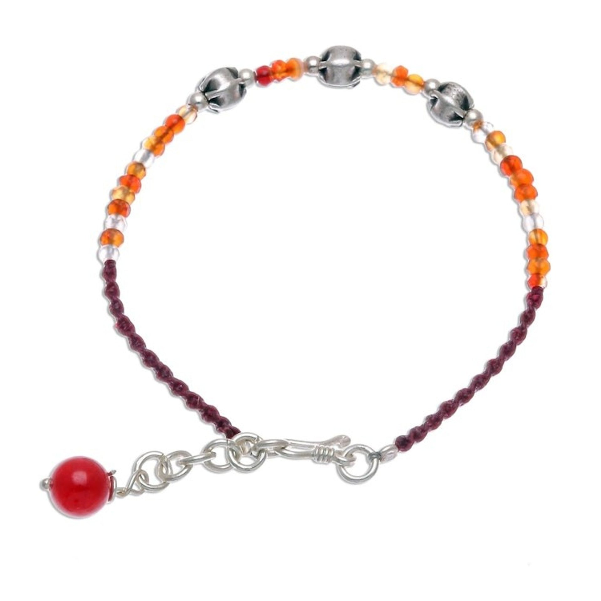 Carnelian Beaded Cord Bracelet with Karen Silver Beads 'Sunny Days Ahead'