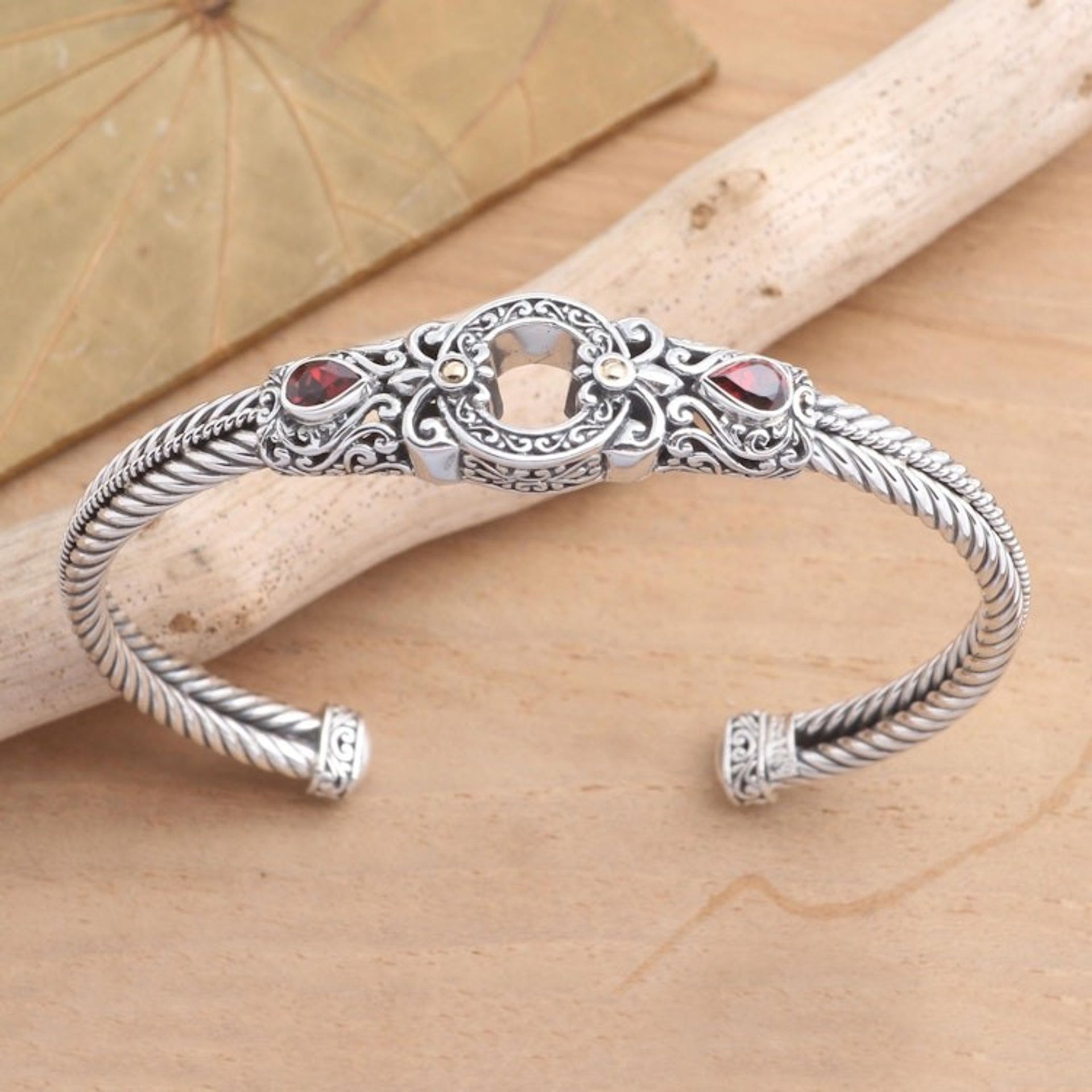 Sterling Silver and Garnet Cuff Bracelet from Bali 'Fiery Gate'