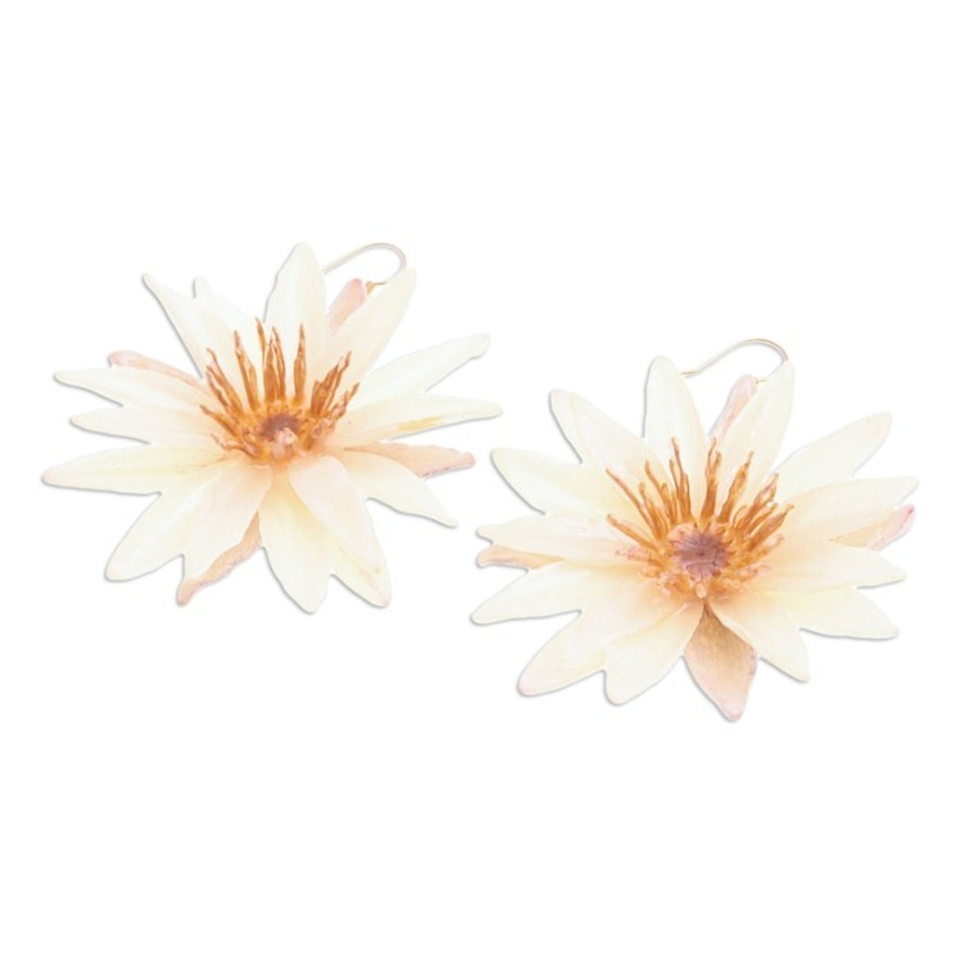 Gold-Accented Dangle Earrings with Resin-Coated Water Lilies 'Chic Ivory Water Lily'