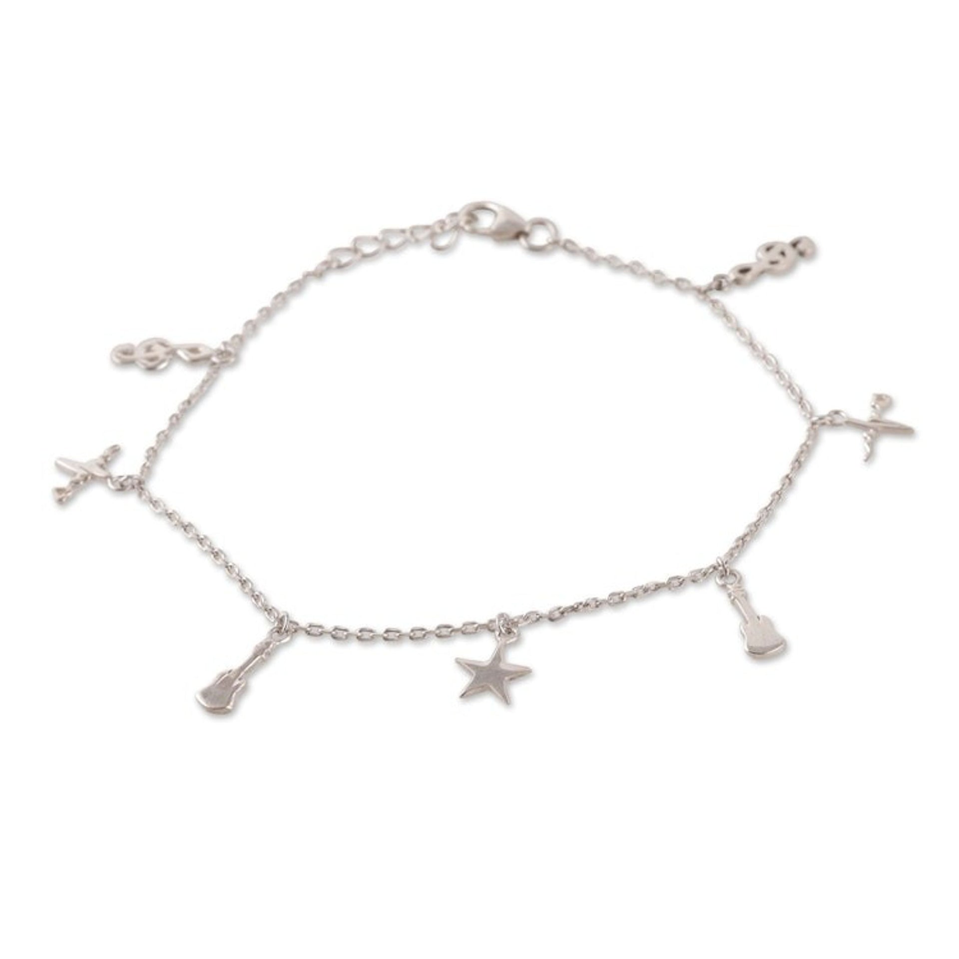 Music-Themed High-Polished Sterling Silver Charm Bracelet 'Musical Beats'