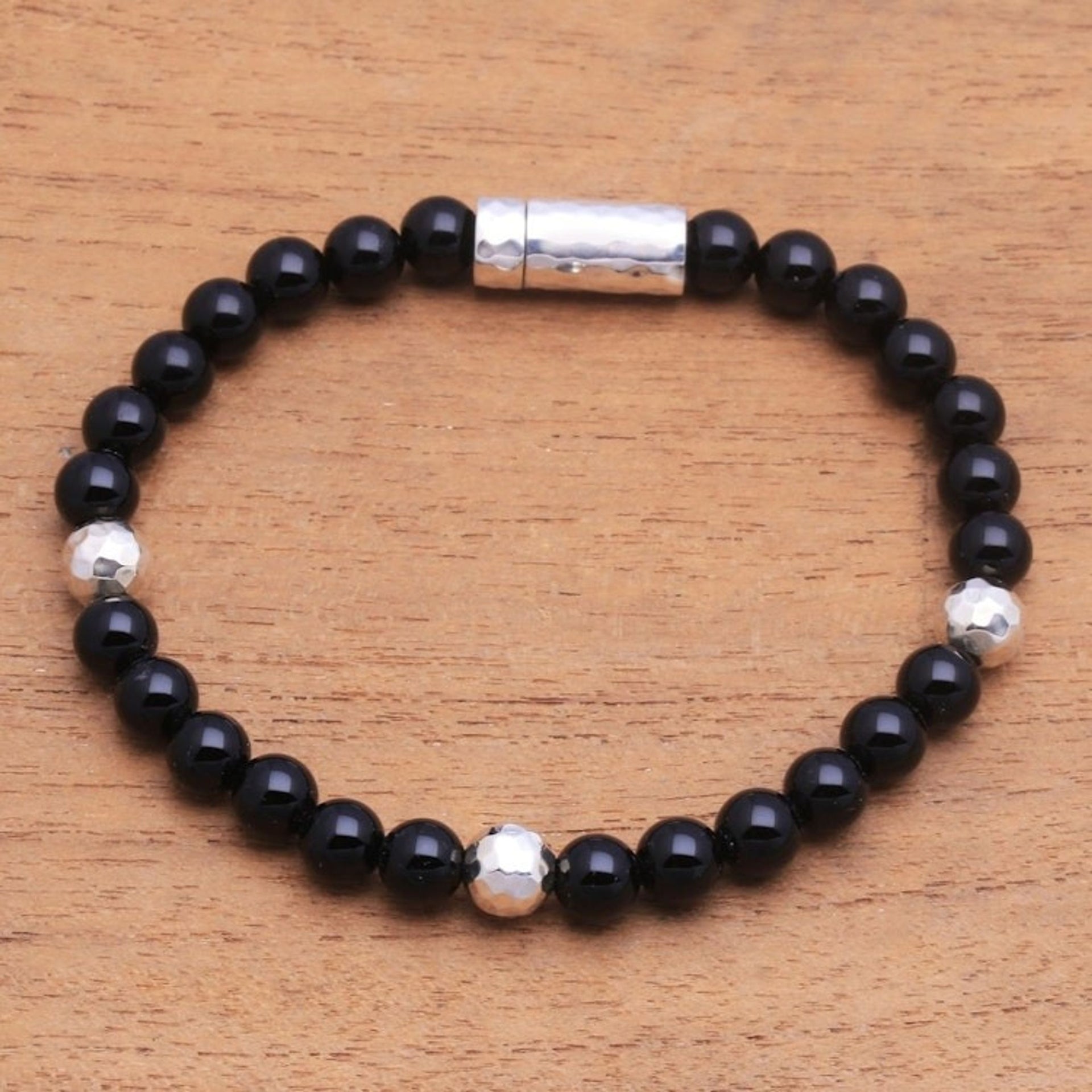 Onyx and Hammered Silver Beaded Bracelet from Bali 'Hammered Beauty'