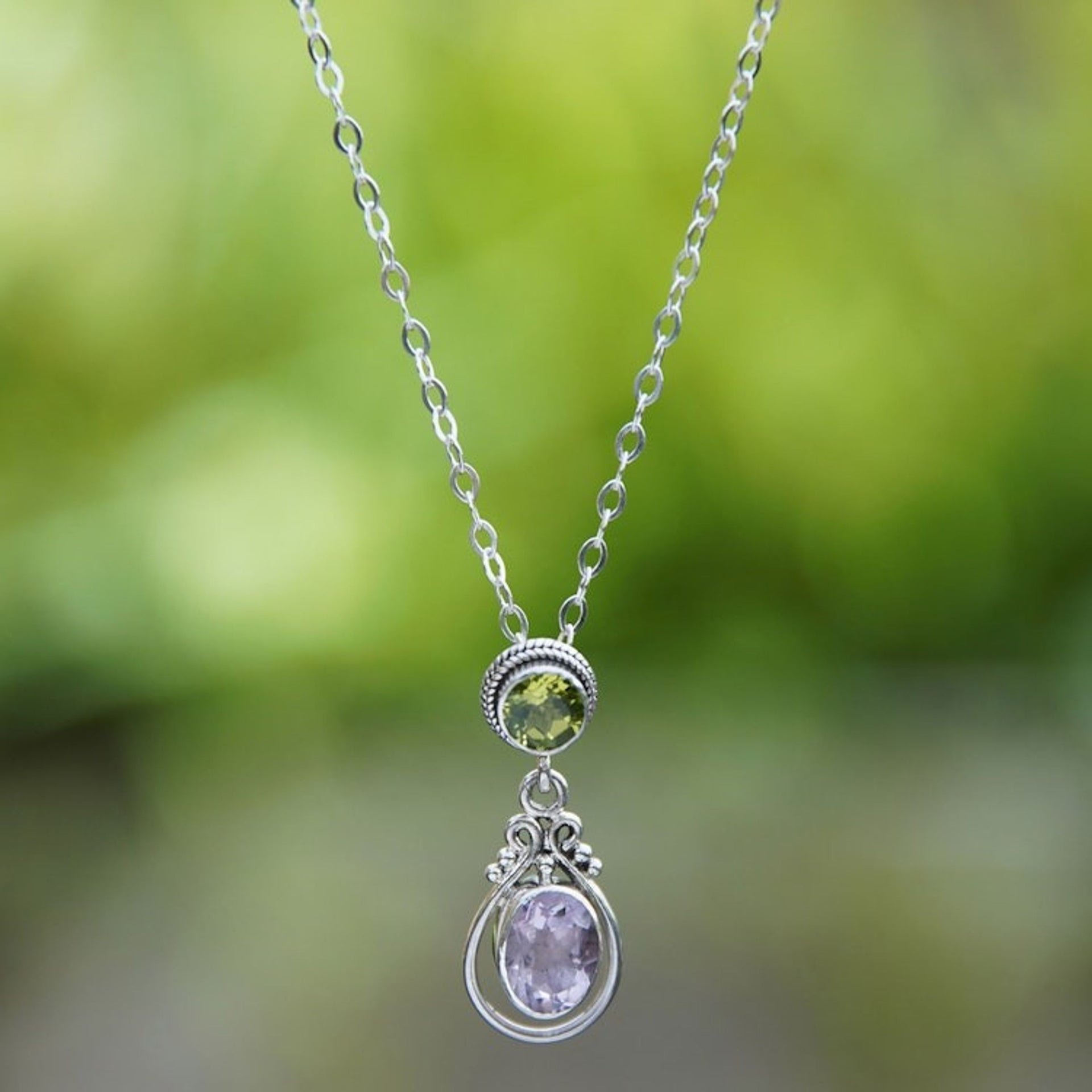1-Carat Amethyst and Peridot Pendant Necklace from Bali 'Primaveral Soul'