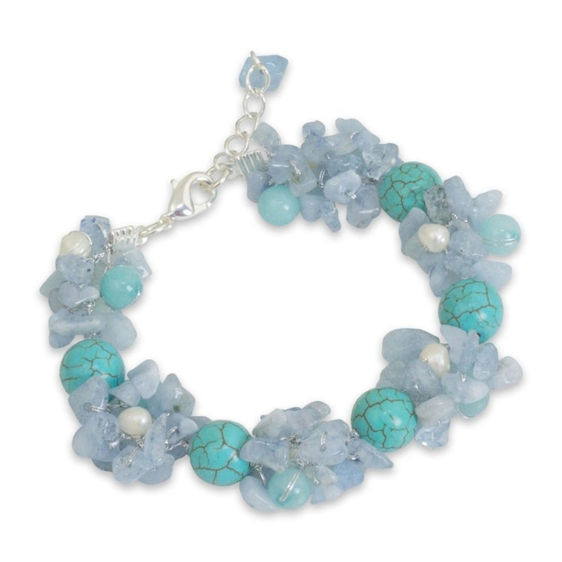 Handmade Pearl Aquamarine Blue Calcite Bracelet Thailand 'Cool Beauty'