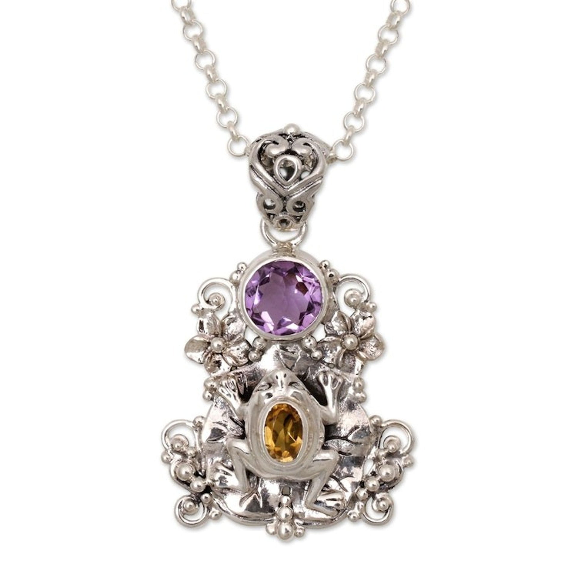 Amethyst and Citrine Frog Pendant Necklace from Bali 'Rainforest Frog'