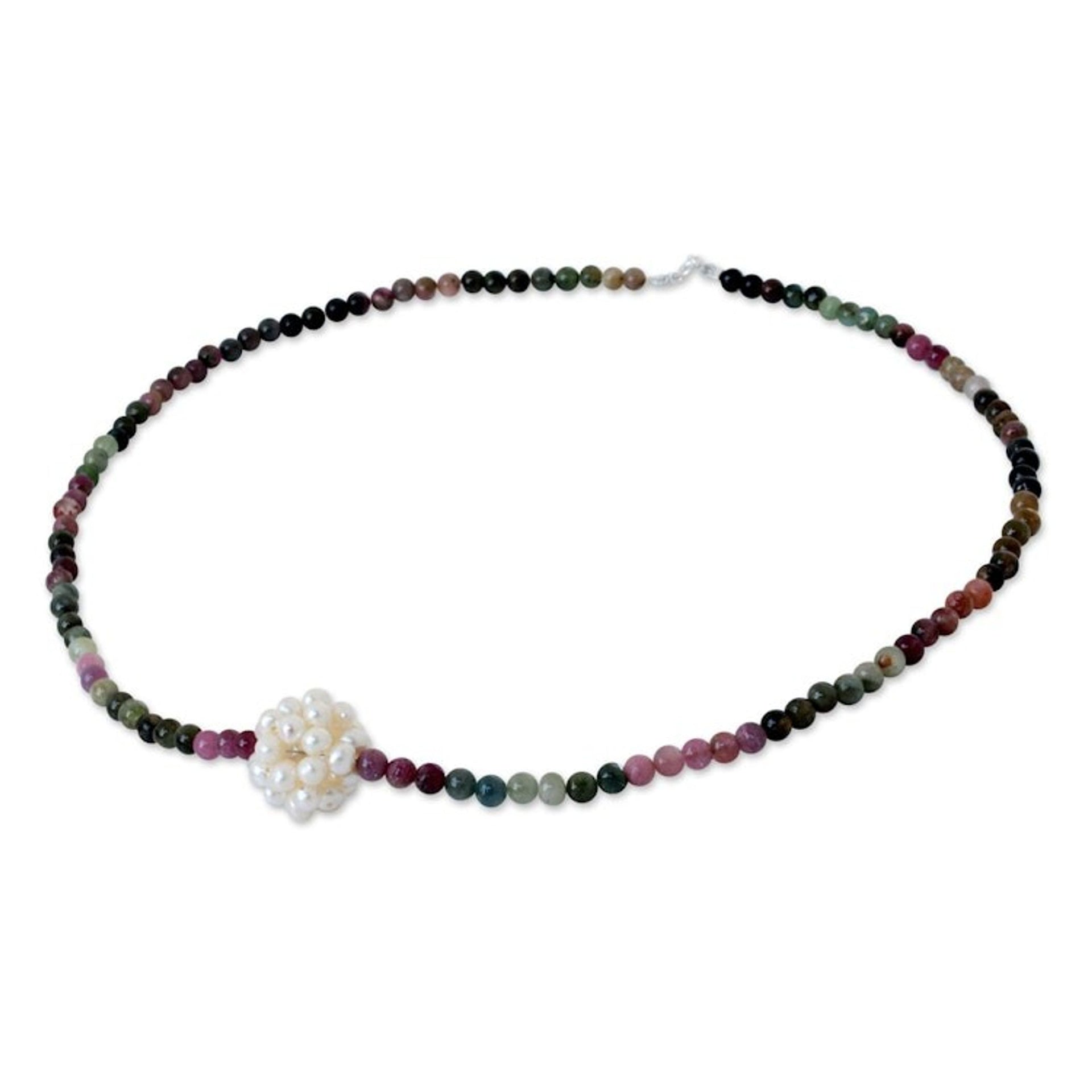 Beaded Tourmaline and Pearl Necklace 'Ivory Chrysanthemum'