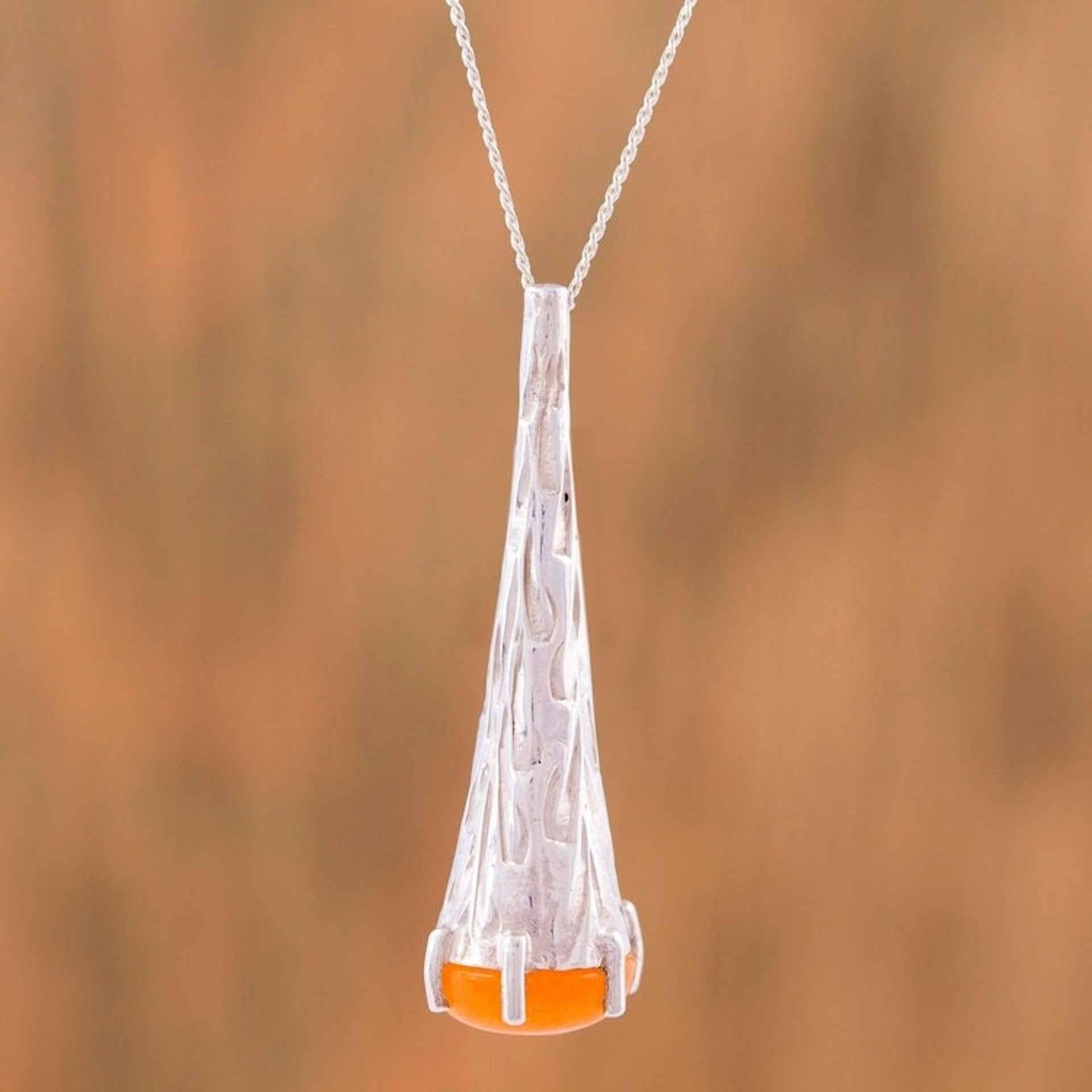 Orange Agate and 925 Silver Pendant Necklace from Mexico 'Orange Snow Cone'