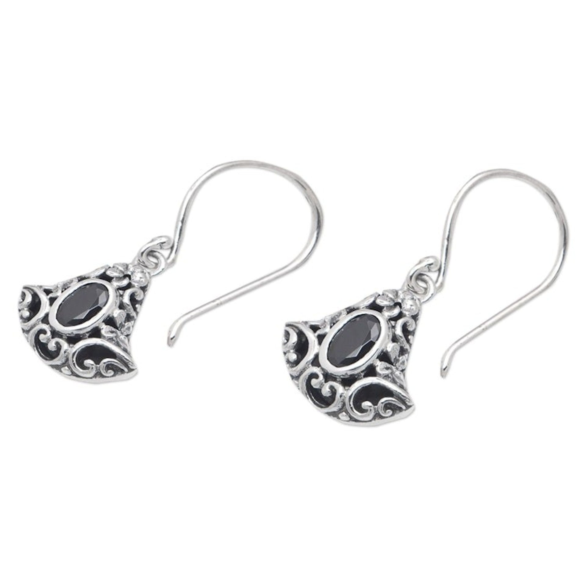 Traditional Faceted Onyx Dangle Earrings Made in Bali 'Mystery Lanterns'