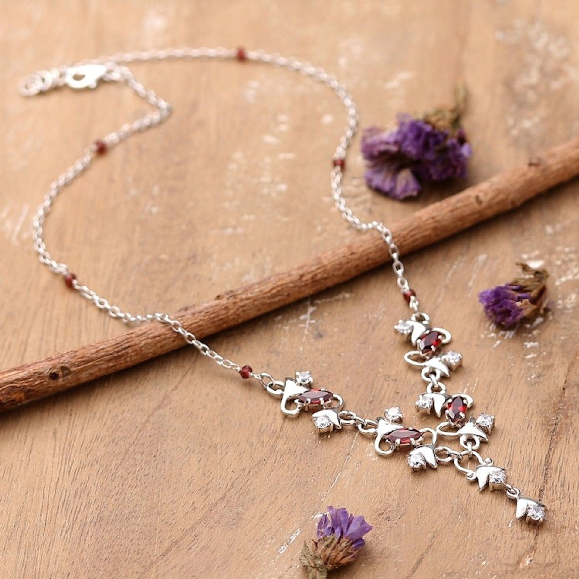 4-Carat Garnet and Cubic Zirconia Y-Necklace Made in India 'Blooming Liaison'