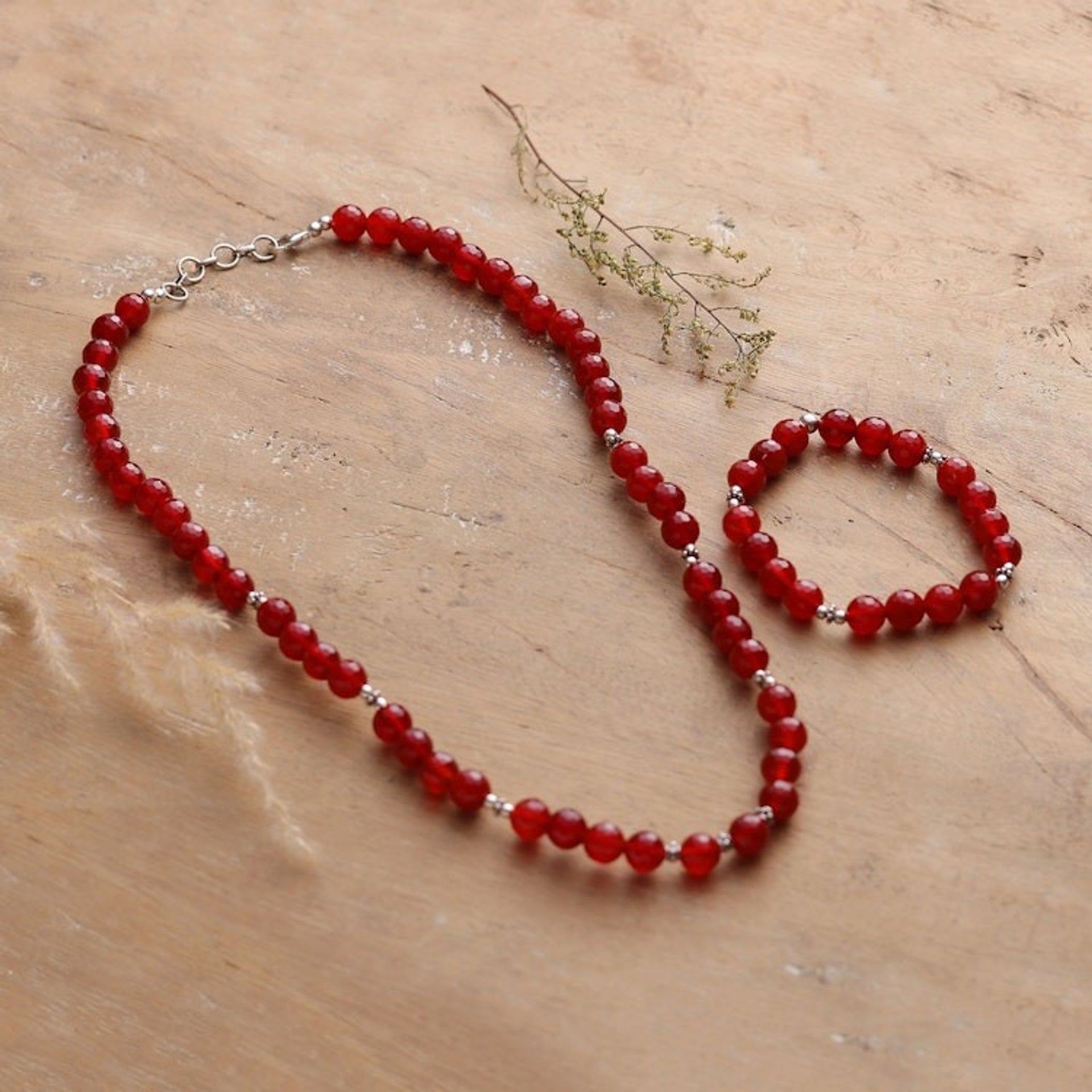 Carnelian Beaded Necklace and Bracelet Jewelry Set 'Beads of Bravery'