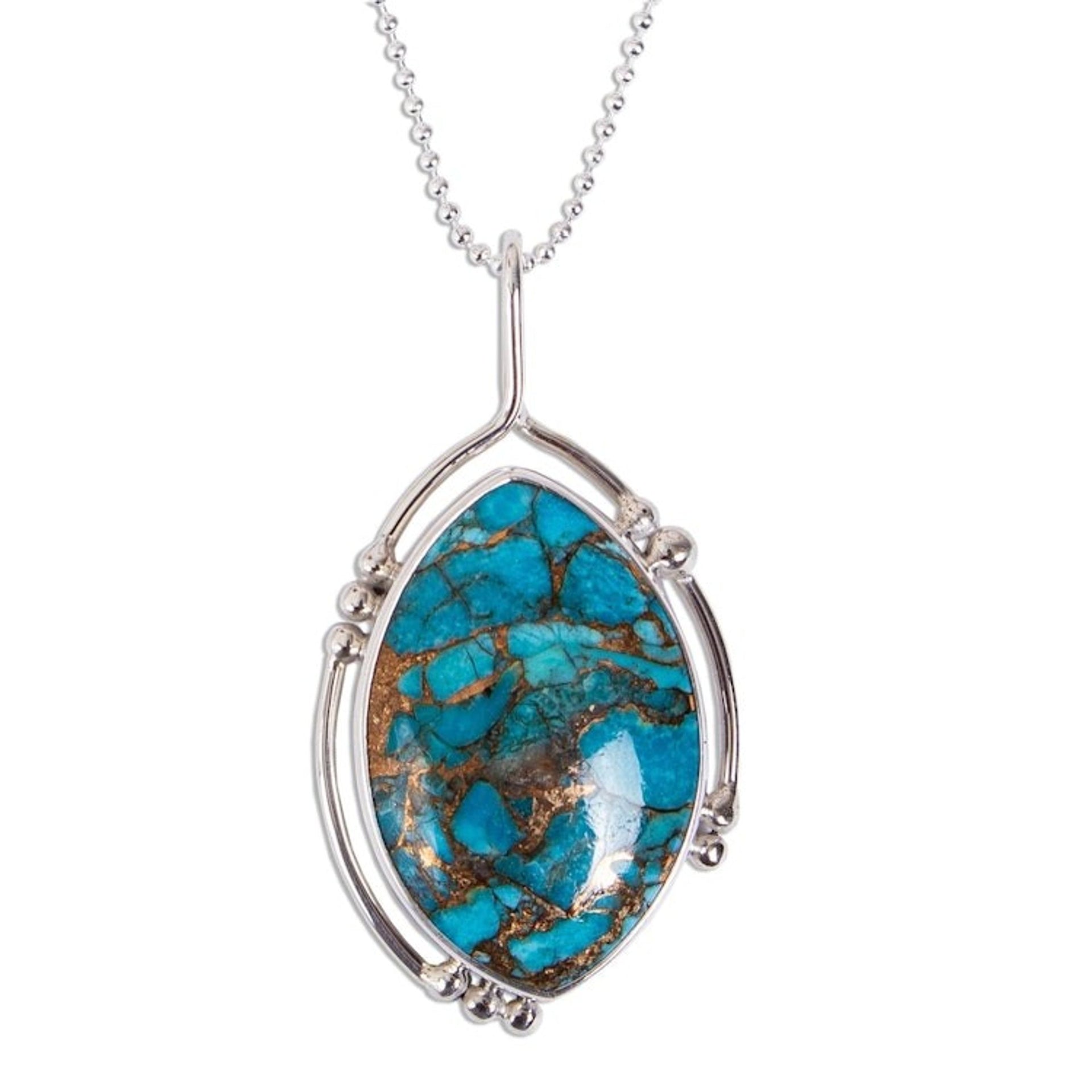 Composite Turquoise and Taxco Silver Pendant Necklace 'Taxco Legend'