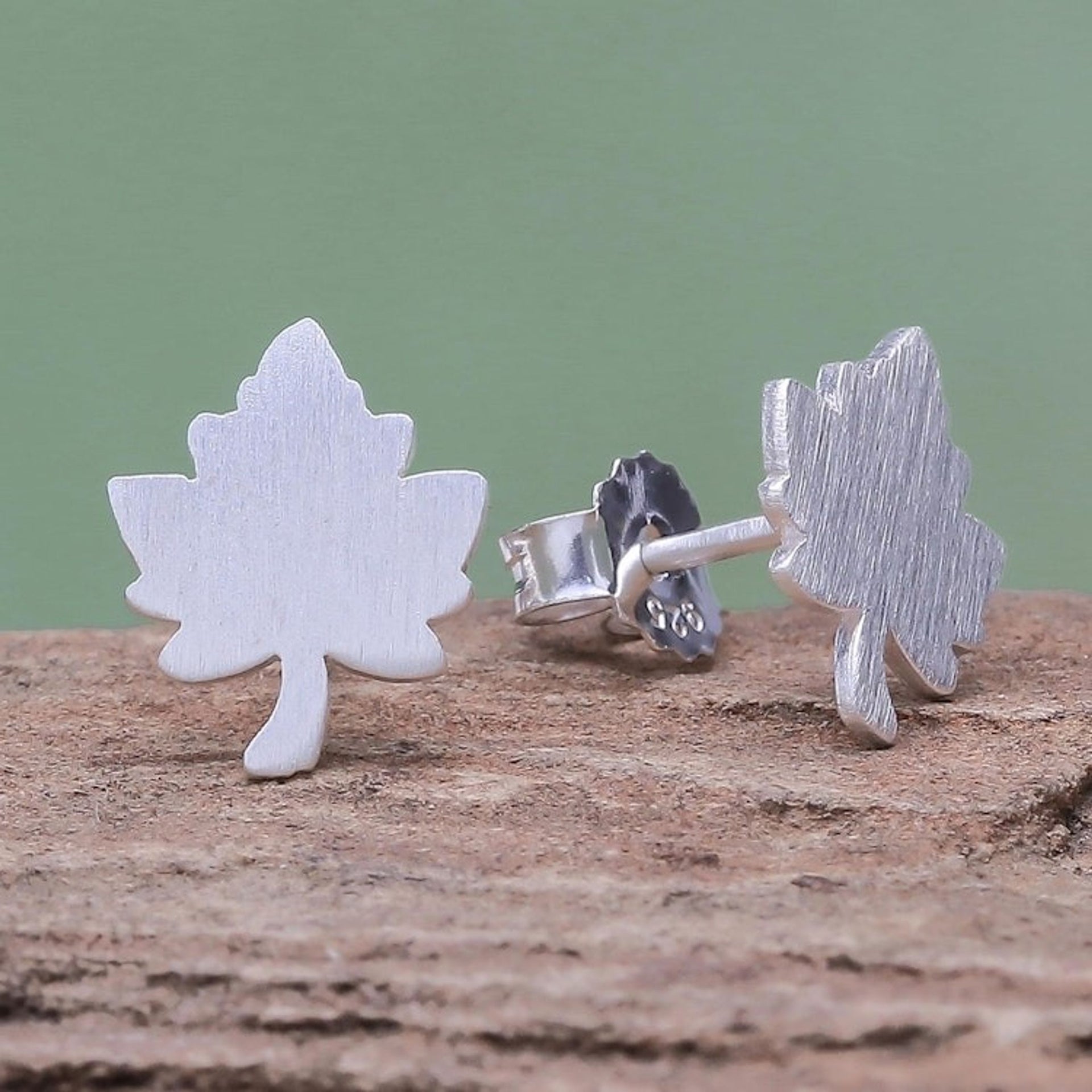 Brushed-Satin Sterling Silver Maple Leaf Stud Earrings 'Little Maple'