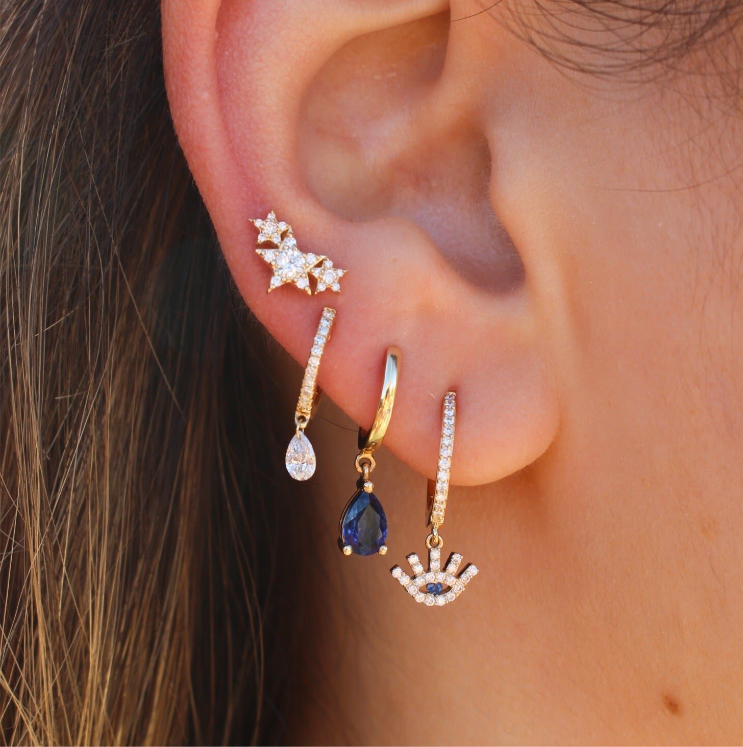 Gold Blue Sapphire Pear Hoop Drop Earring