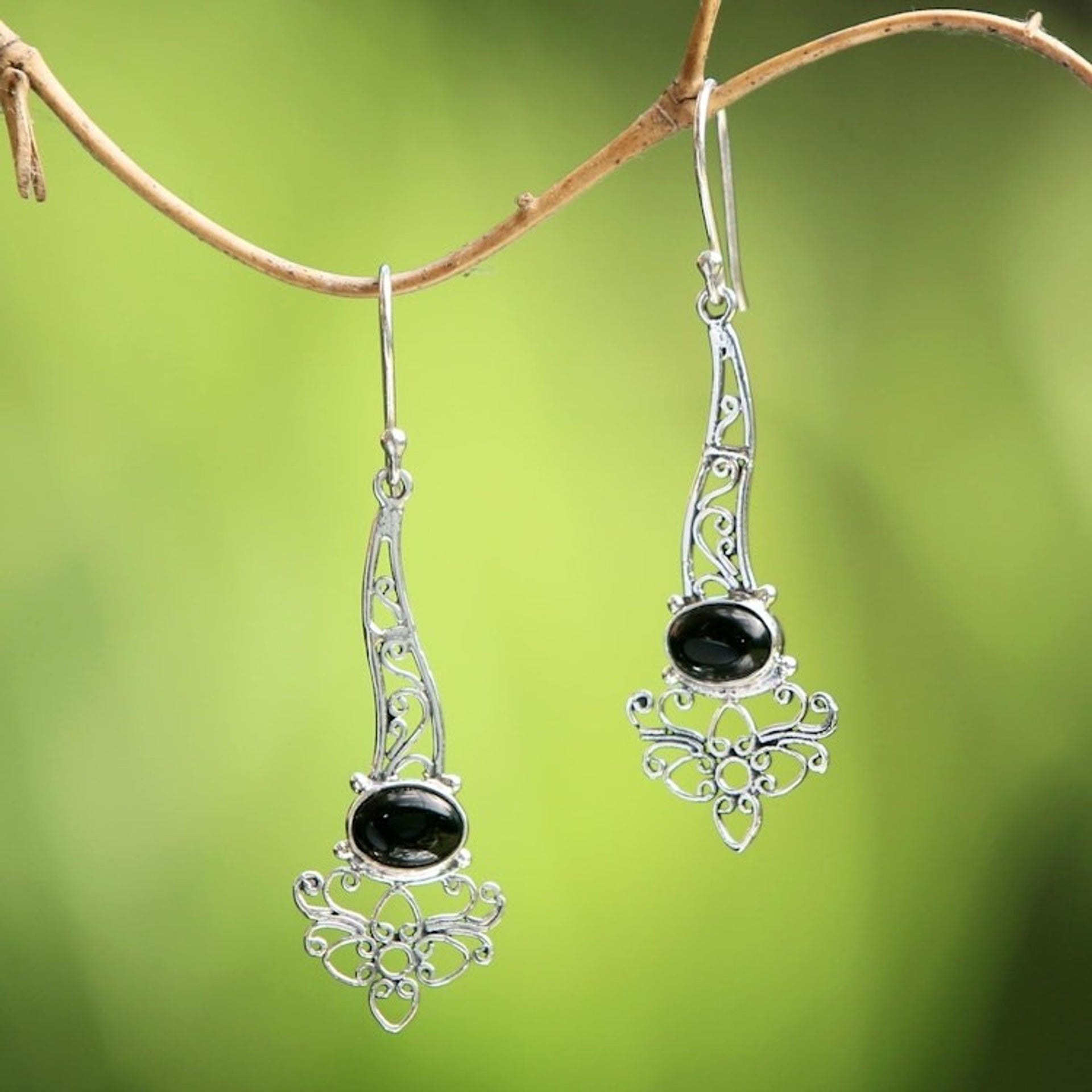 Onyx Sterling Silver Floral Motif Scrollwork Dangle Earrings 'Midnight Garden Breeze'