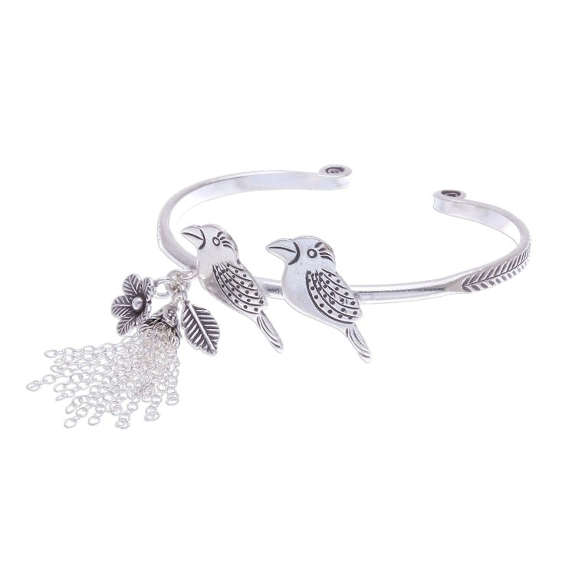 Rainforest Bird Themed Sterling Silver Cuff Bracelet 'Rainforest Birds'