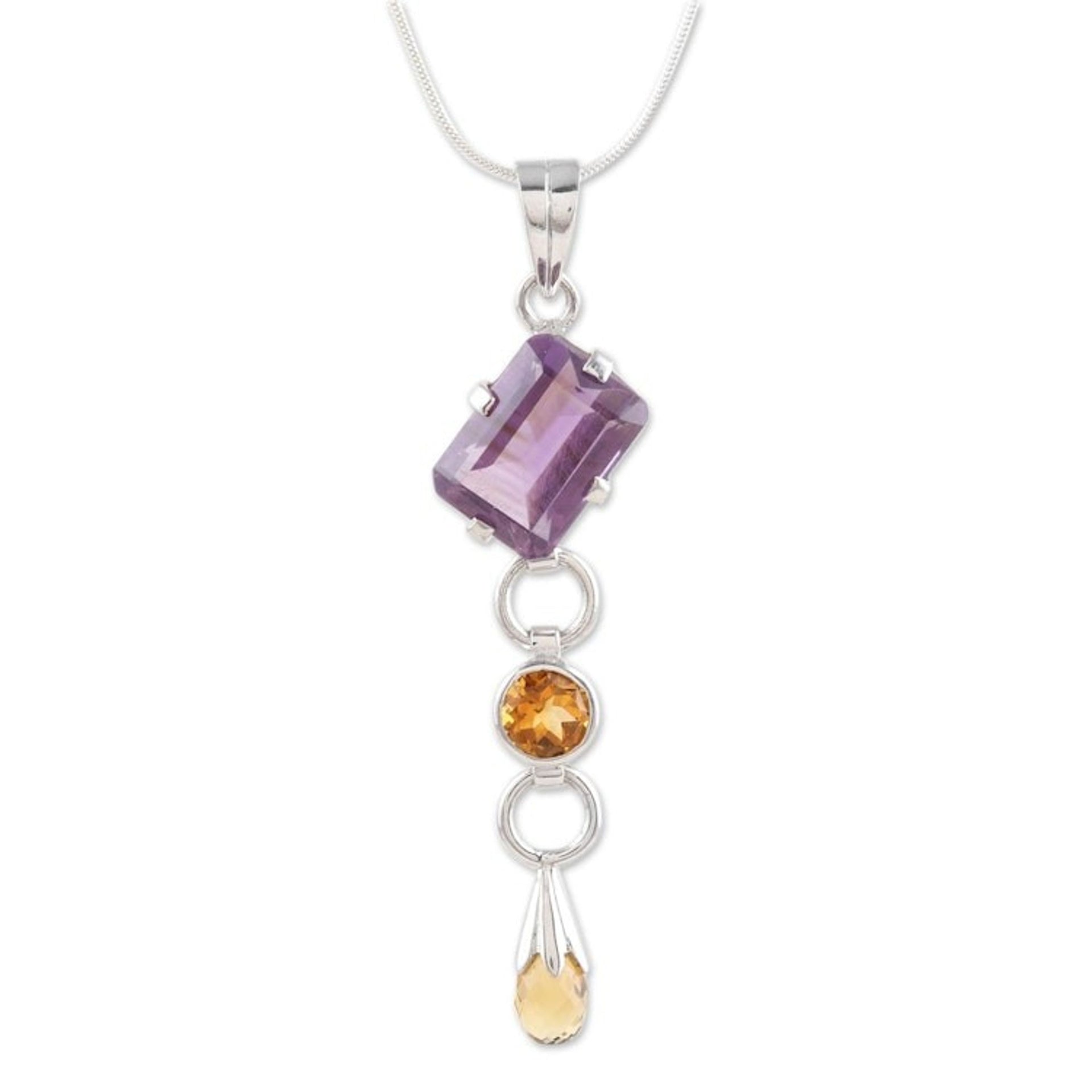 Citrine and amethyst pendant necklace 'Honey Drop'