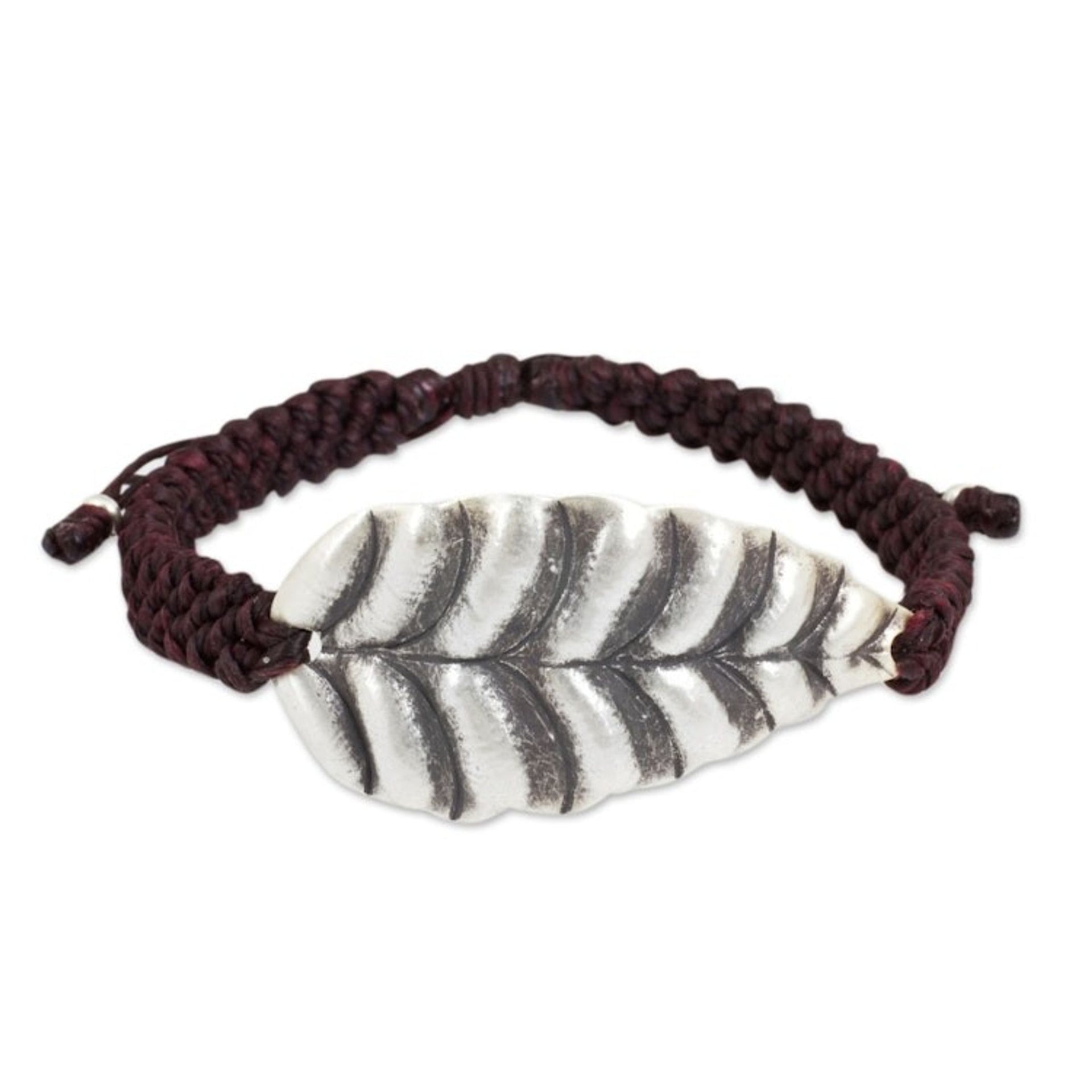 Hill Tribe Jewelry Silver Leaf in Burgundy Cord Bracelet 'Turn a New Burgundy Leaf'