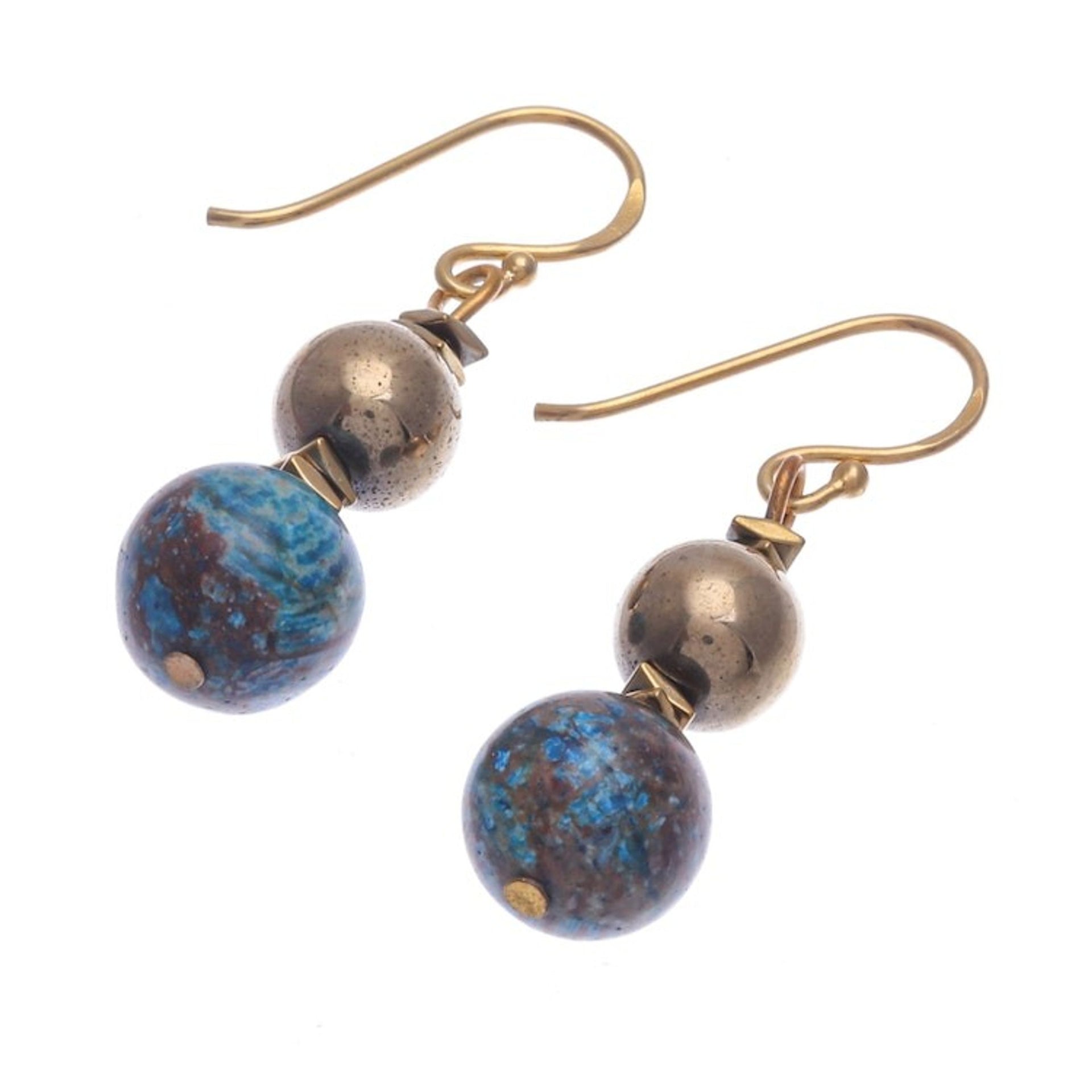 Jasper and Hematite Dangle Earrings with Gold Accented Hooks 'Golden Planet'