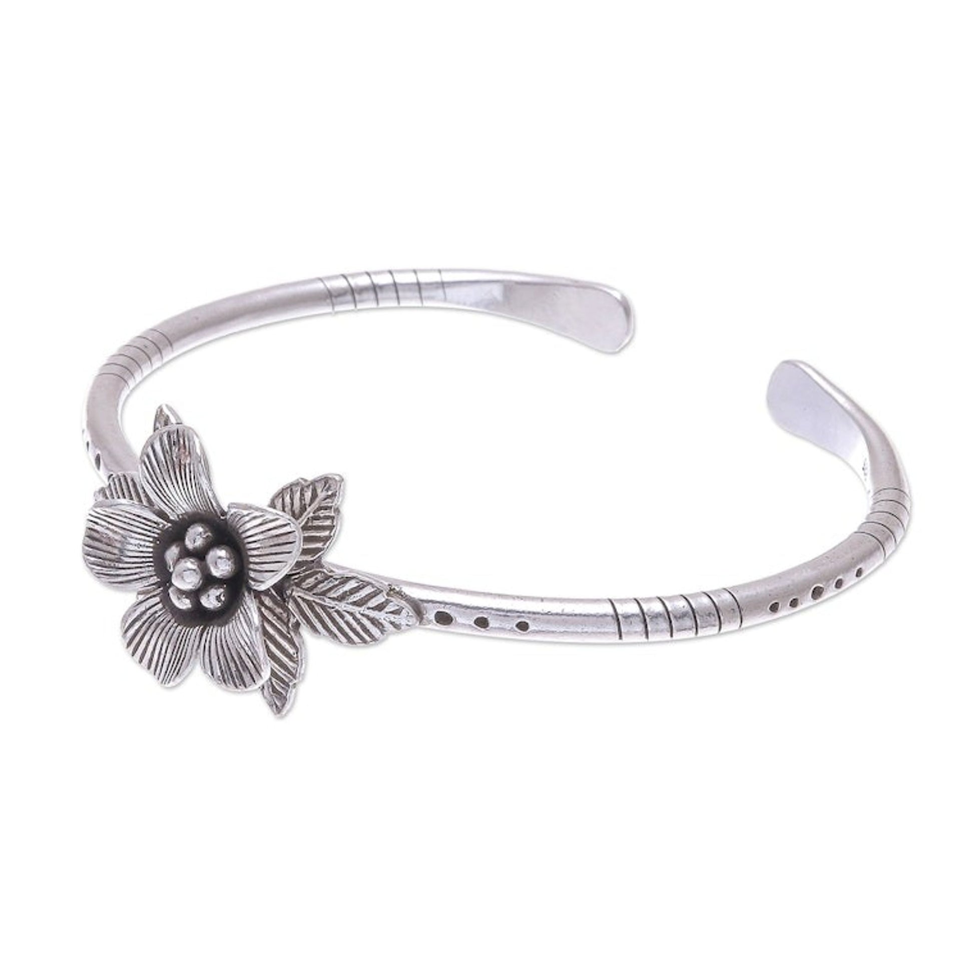 Hill Tribe Style Sterling Silver Floral Cuff Bracelet 'Winter Flower'