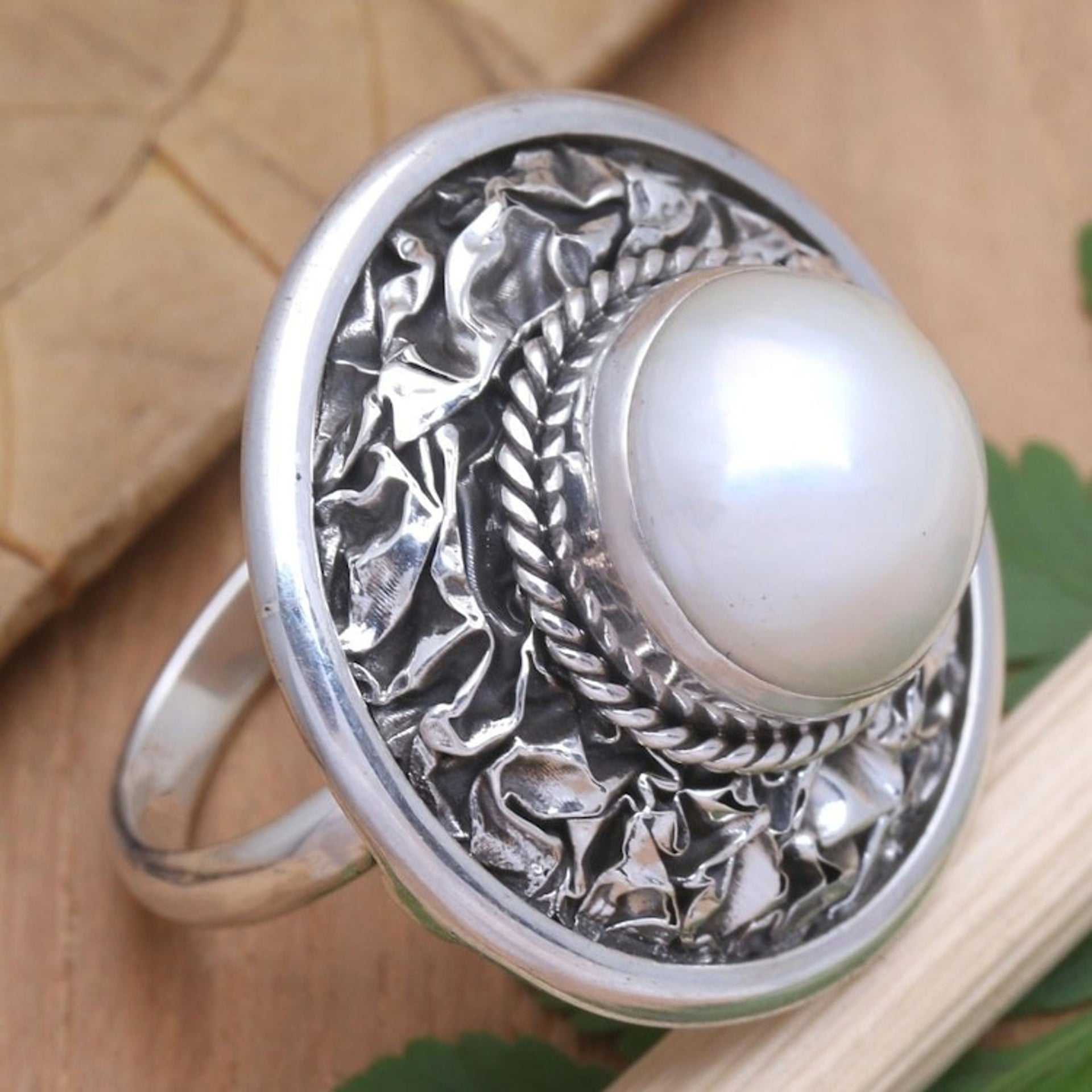 Cultured Freshwater Pearl and Sterling Silver Cocktail Ring 'Lunar Plane'