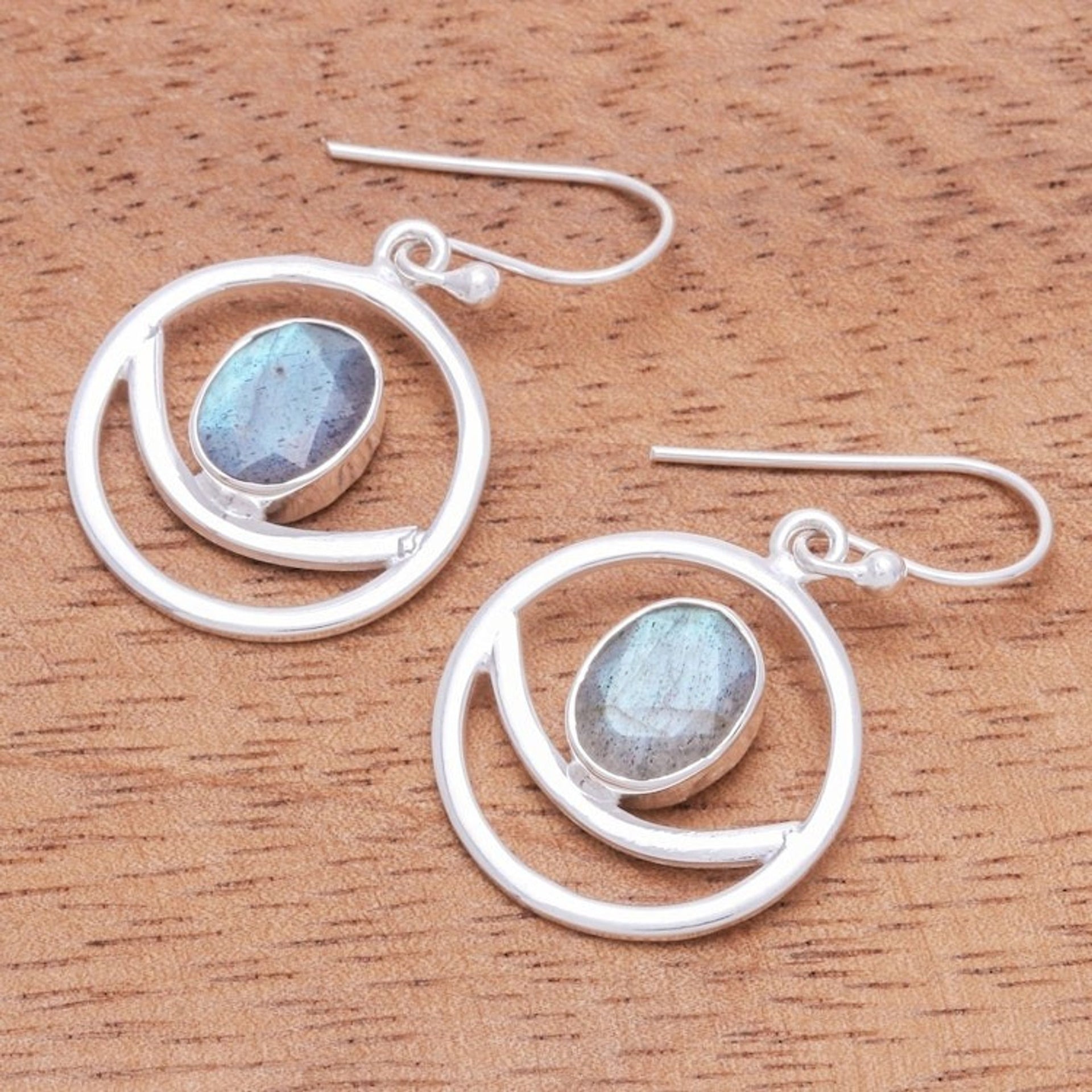 Hand Crafted Labradorite Dangle Earrings 'Grinning Moon in Iridescent'