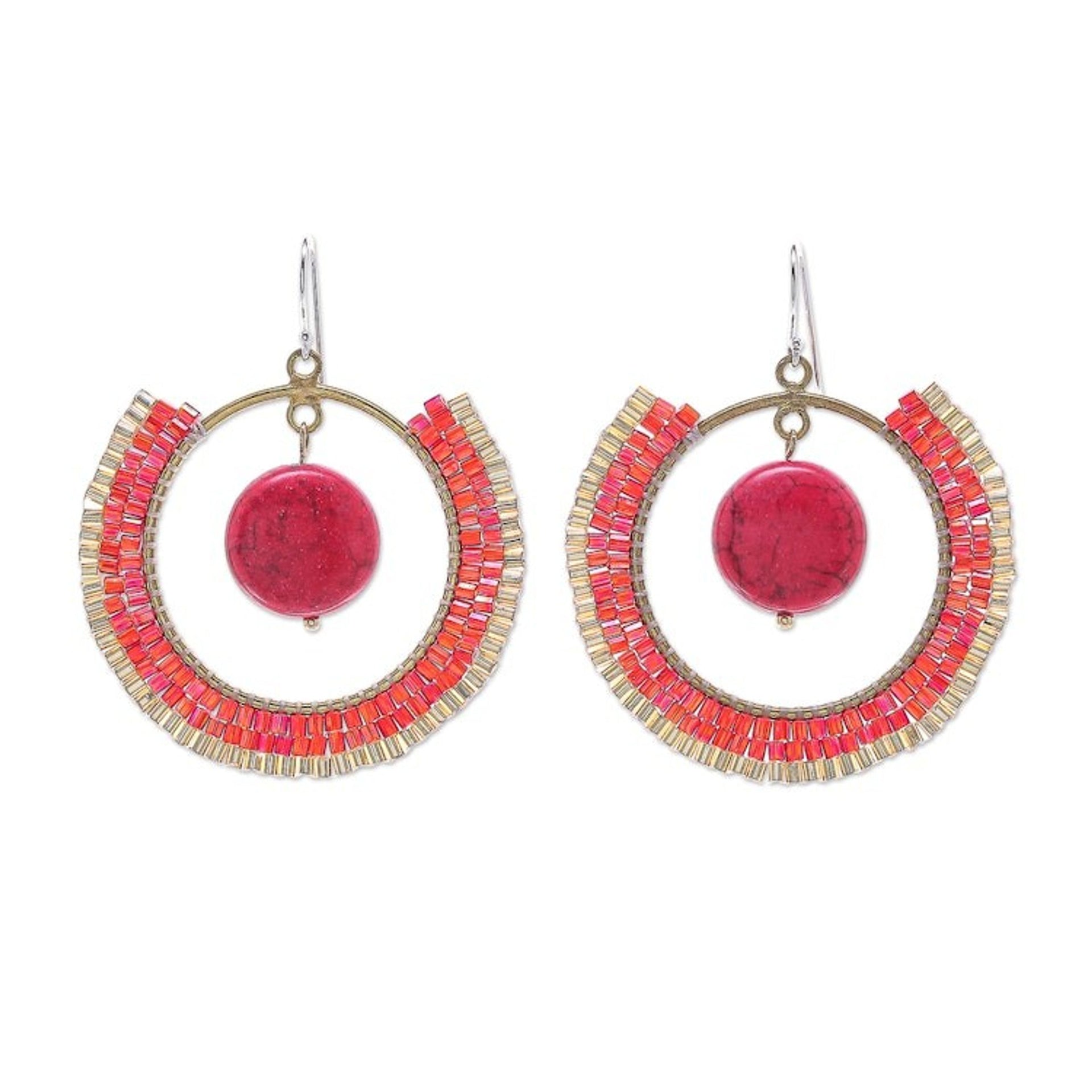 Howlite and Glass Beaded Circle Earrings 'Universal Sun in Red'