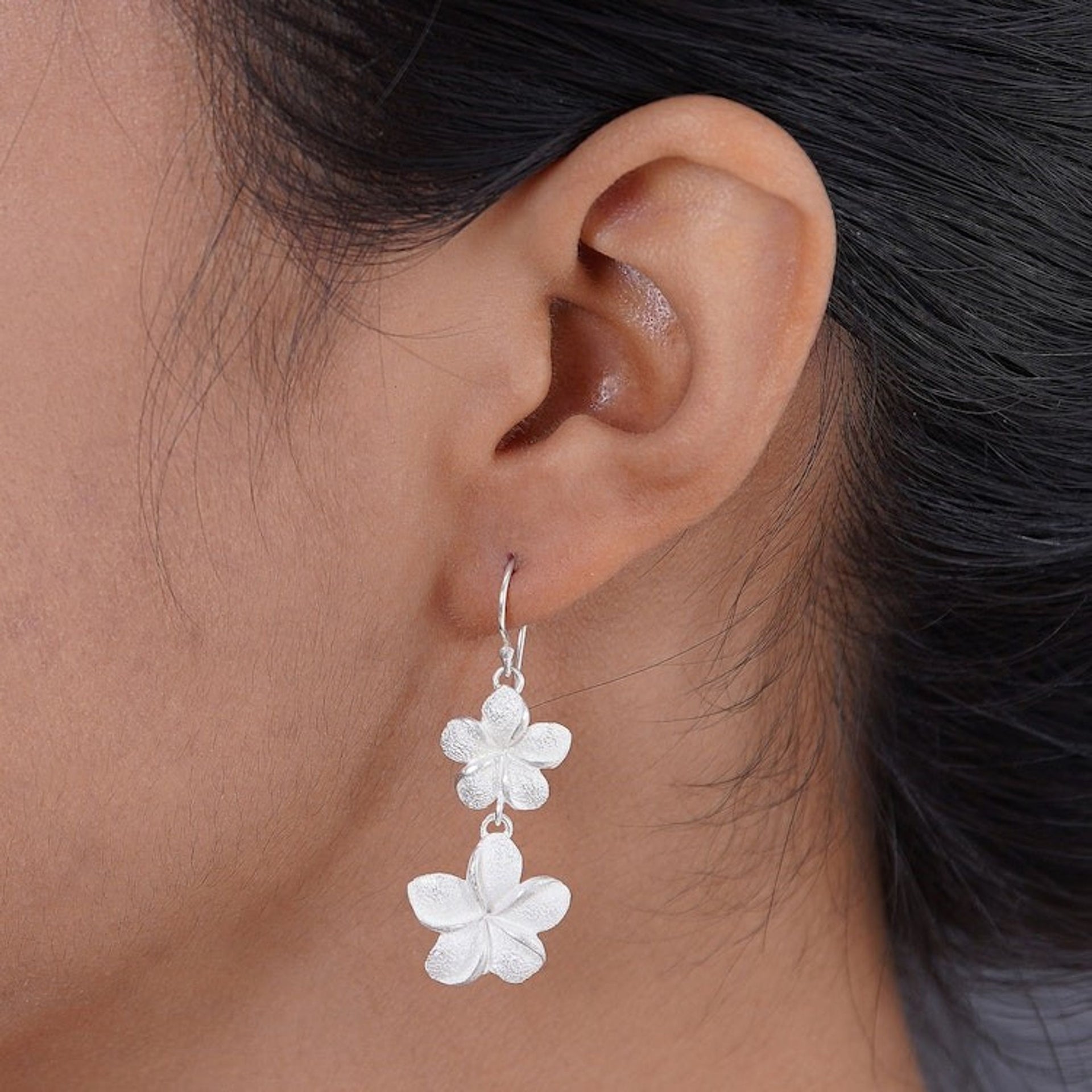 Floral Sterling Silver Dangle Earrings 'Frangipani Twins'