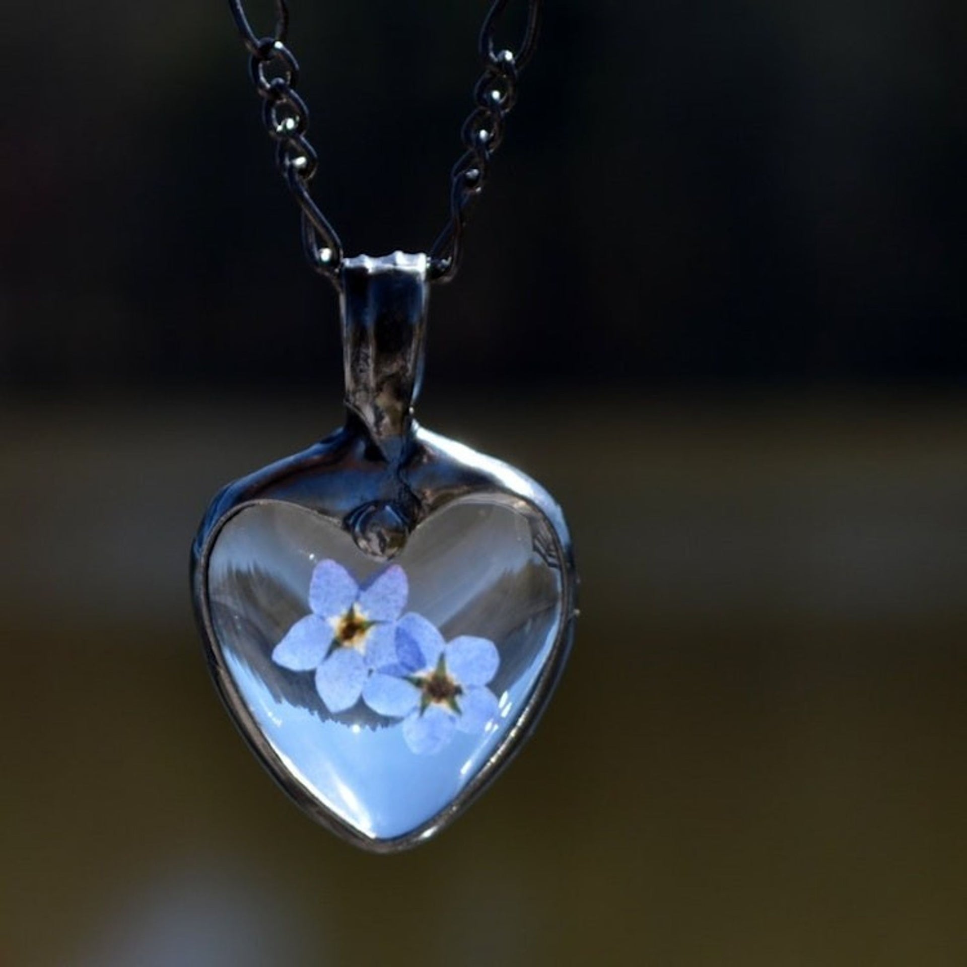 Natural Forget-Me-Not Heart Pendant Necklace