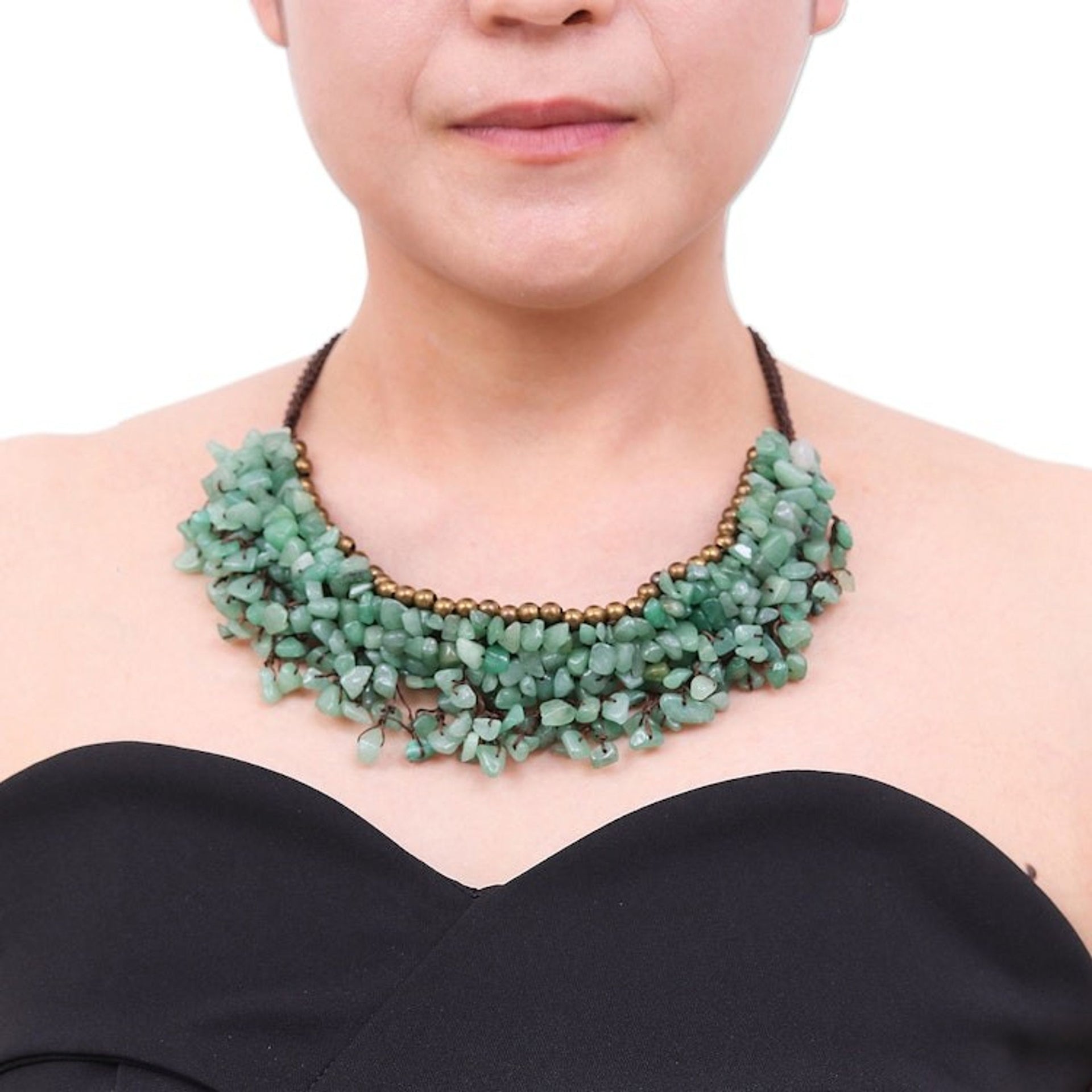 Beaded Cord Necklace with Green Aventurine and Brass 'Garden Party'