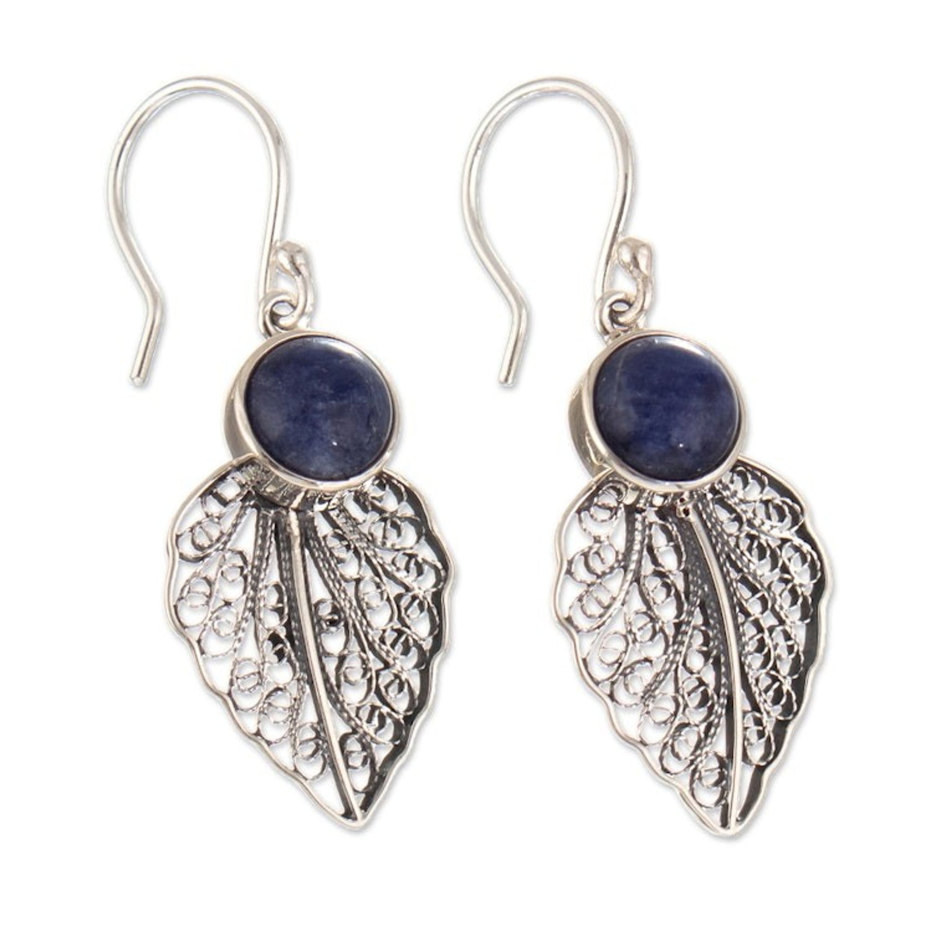Sterling Silver Leaf Filigree Dangle Earrings with Sodalite 'Leaf in the Wind'