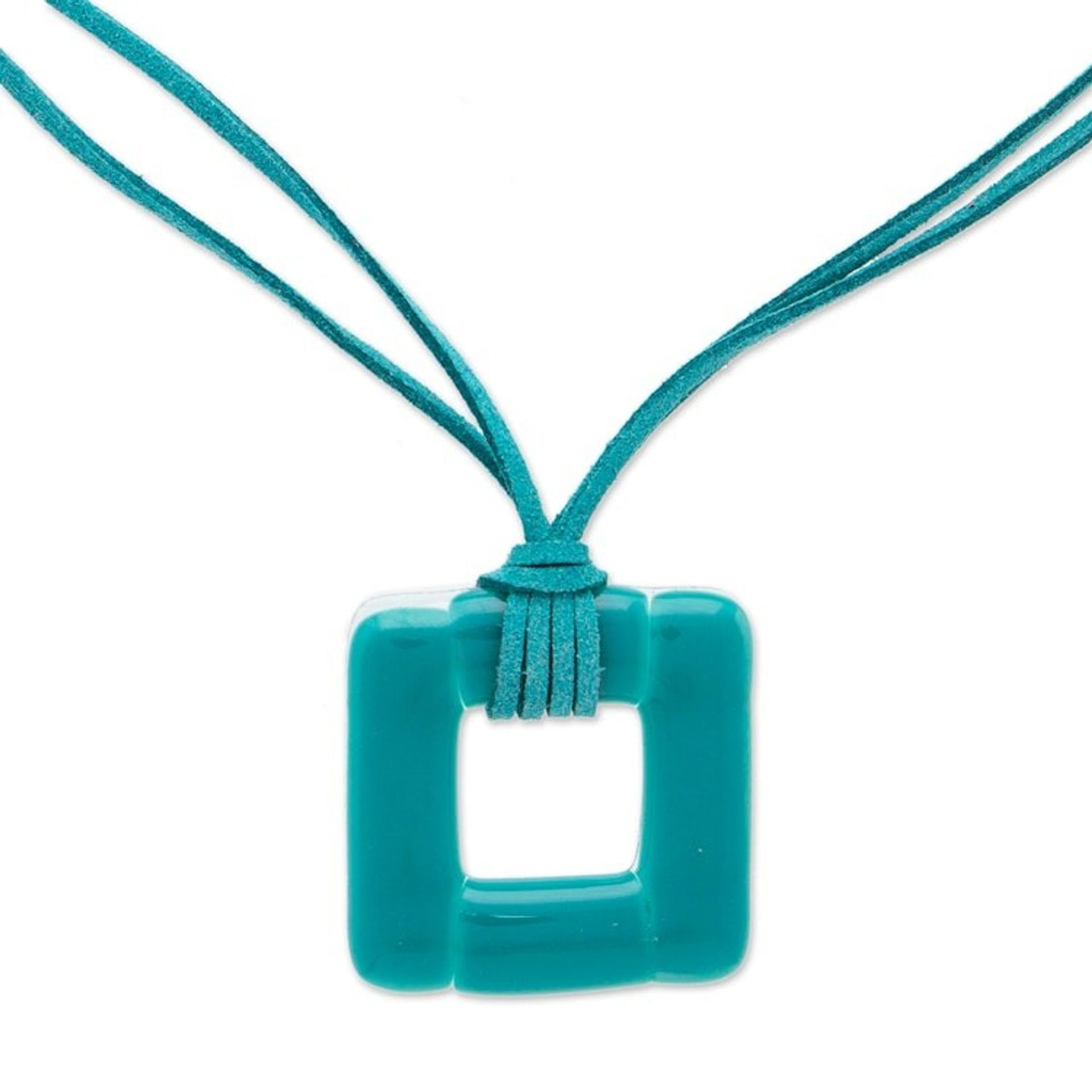 Modern Fused Art Glass Square Pendant Necklace in Teal Shade 'Teal Square'