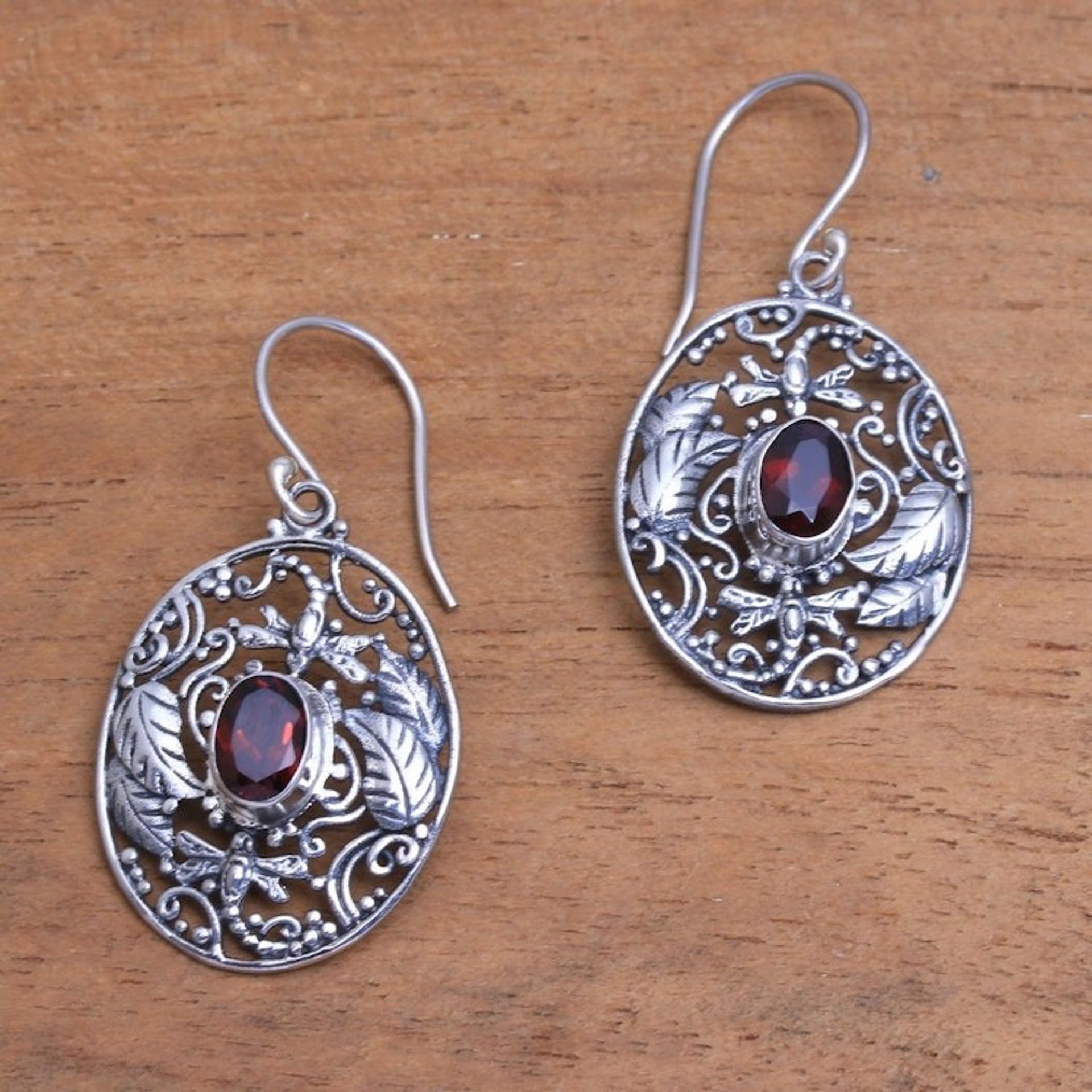 Dragonfly-Themed Garnet Dangle Earrings from Bali 'Oval Dragonfly World'